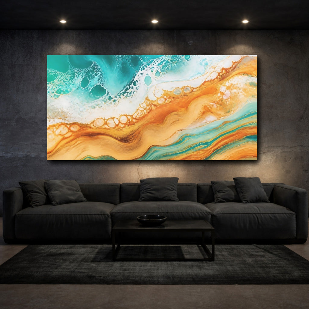 Mockup 3. Nature Ocean Abstract Teal And Gold shown as stretched canvas wall art