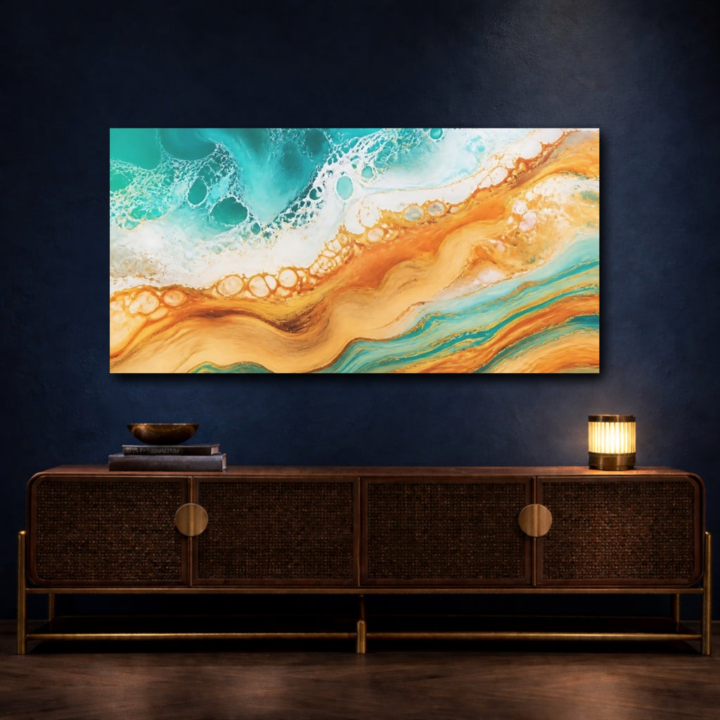 Mockup 4. Nature Ocean Abstract Teal And Gold shown as stretched canvas wall art