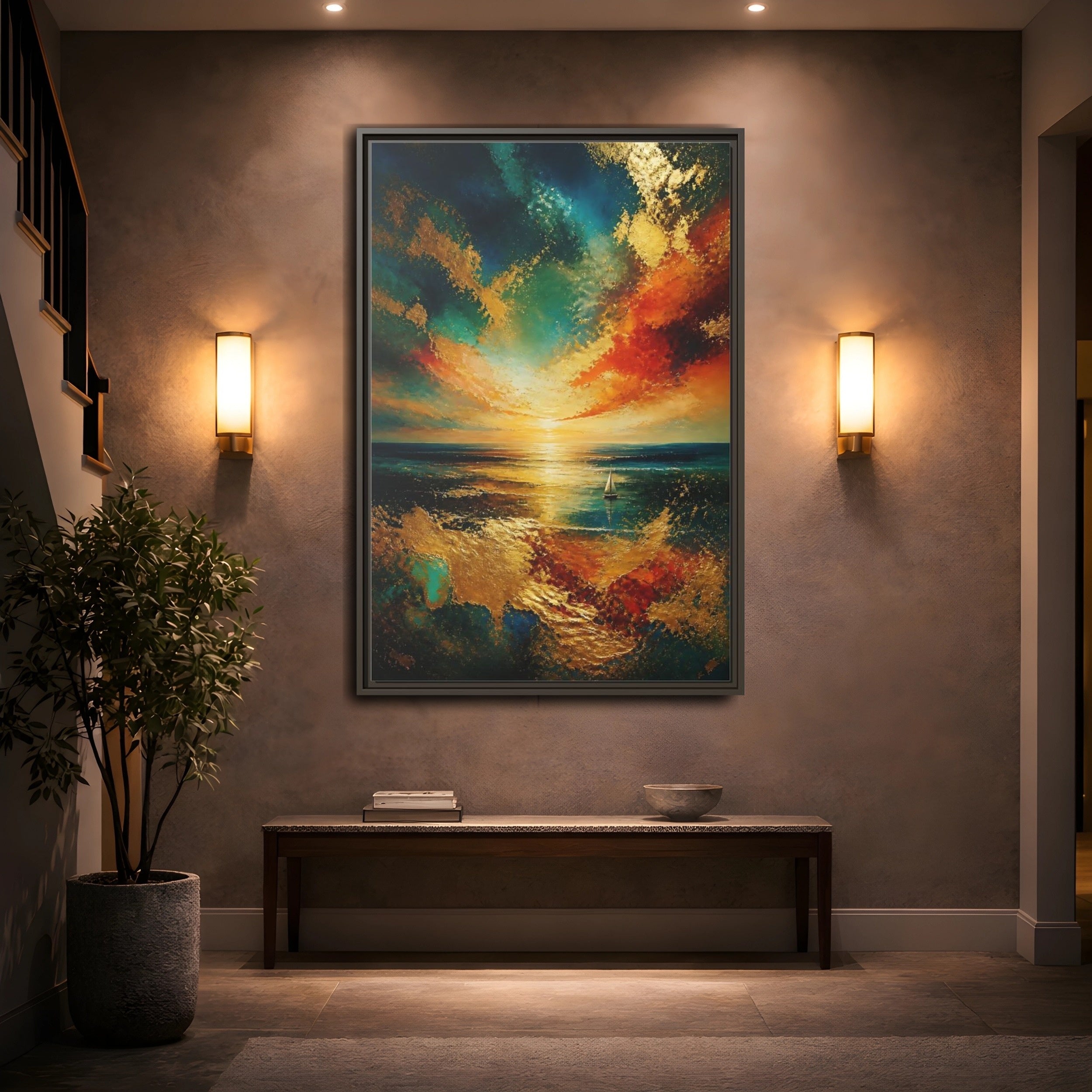 Mockup 2. Nature Ocean Sunset Ocean Sunset Gold shown as stretched canvas wall art