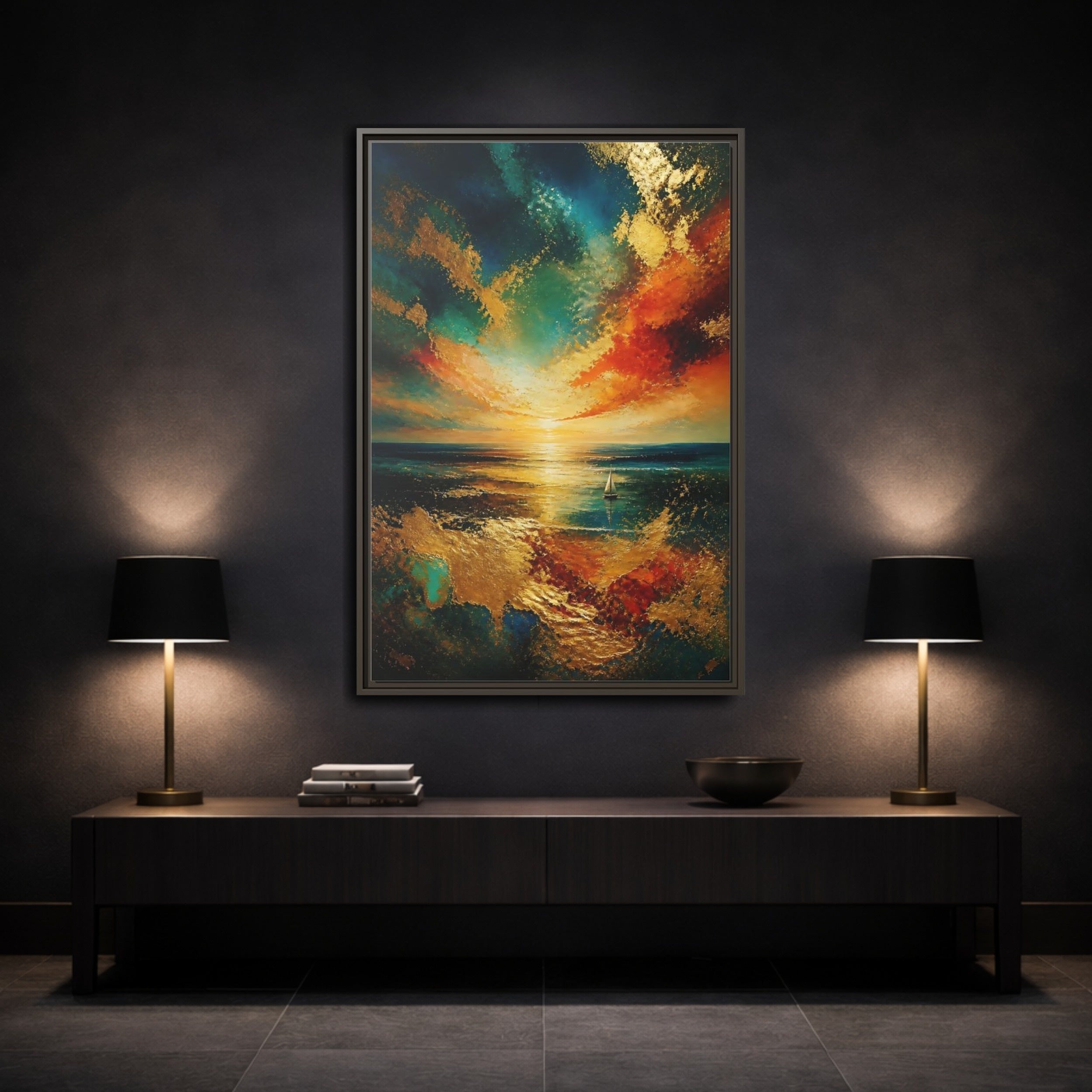Mockup 3. Nature Ocean Sunset Ocean Sunset Gold shown as stretched canvas wall art