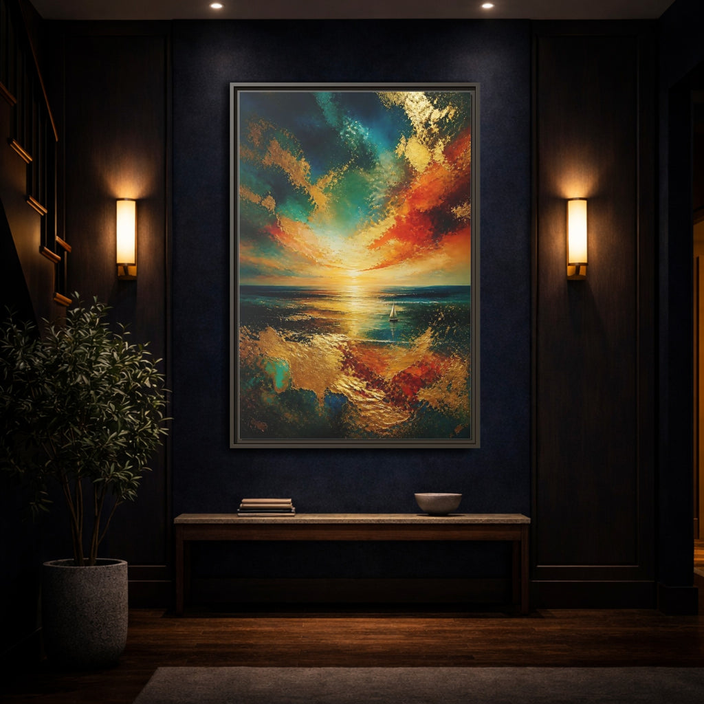 Mockup 4. Nature Ocean Sunset Ocean Sunset Gold shown as stretched canvas wall art
