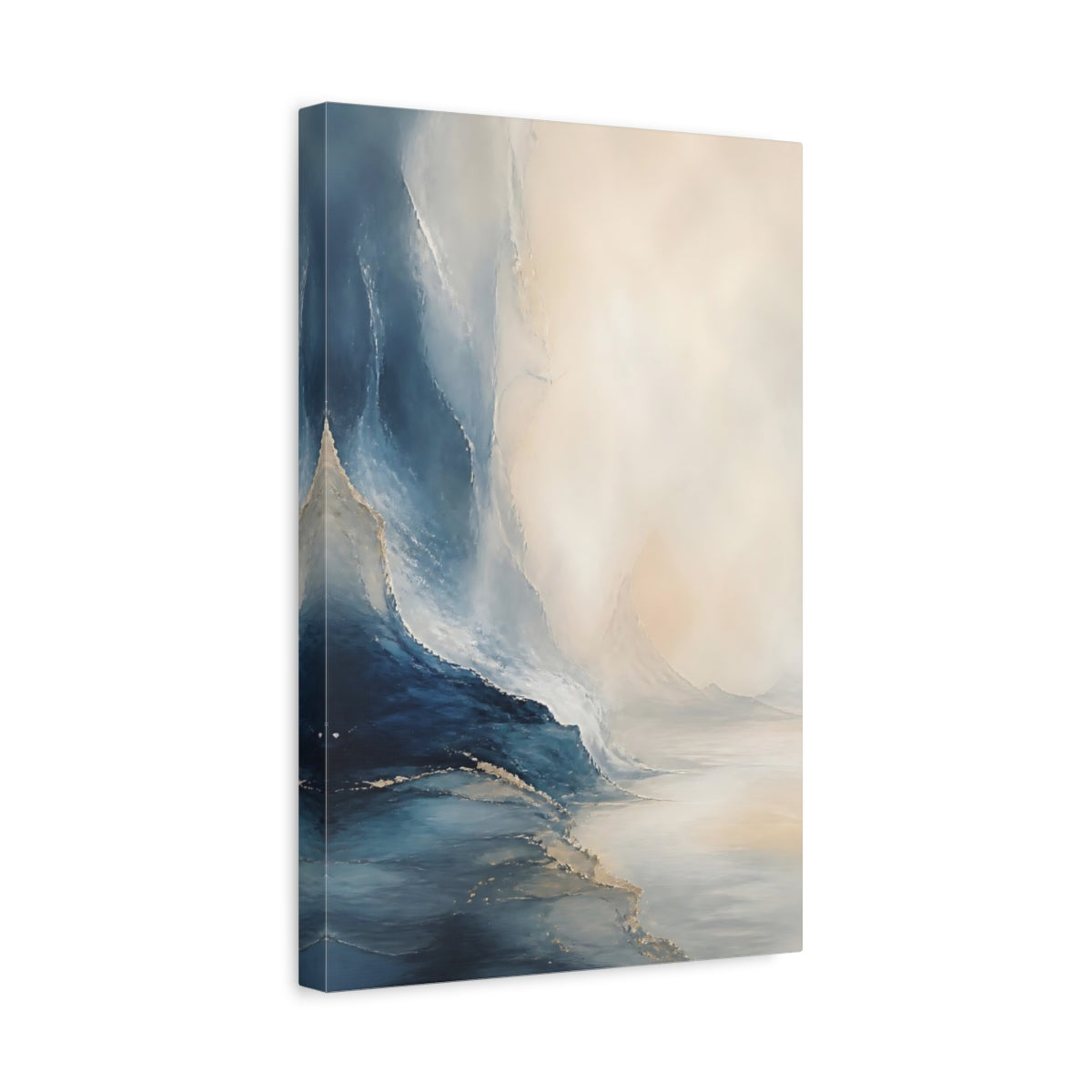 Side Mockup 4. Nature Ocean Waves Blue Gold Abstract shown as stretched canvas wall art