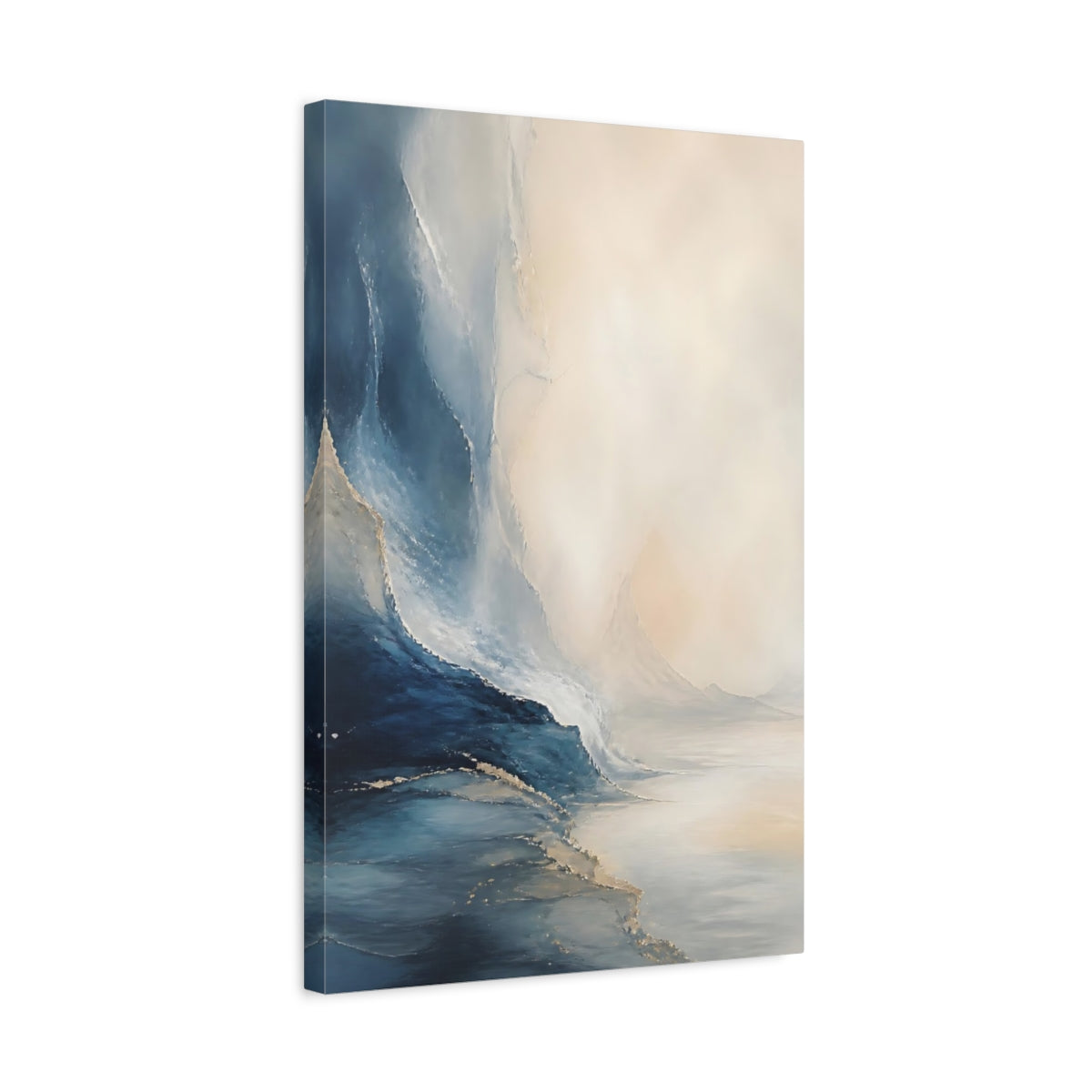 Side Mockup 3. Nature Ocean Waves Blue Gold Abstract shown as stretched canvas wall art