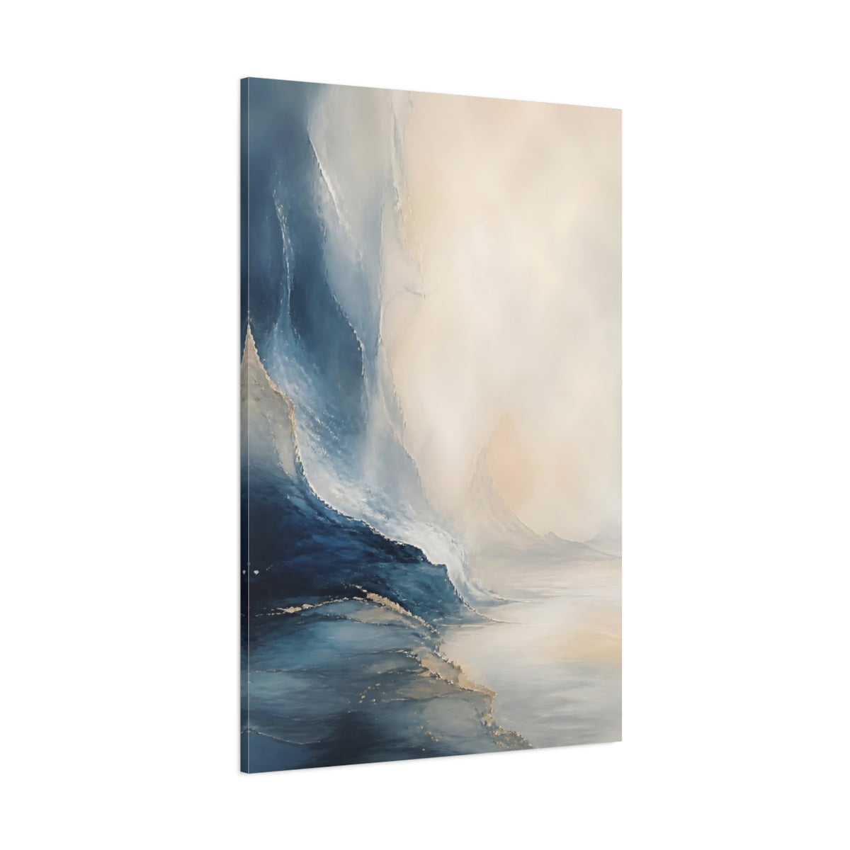 Side Mockup 1. Nature Ocean Waves Blue Gold Abstract shown as stretched canvas wall art