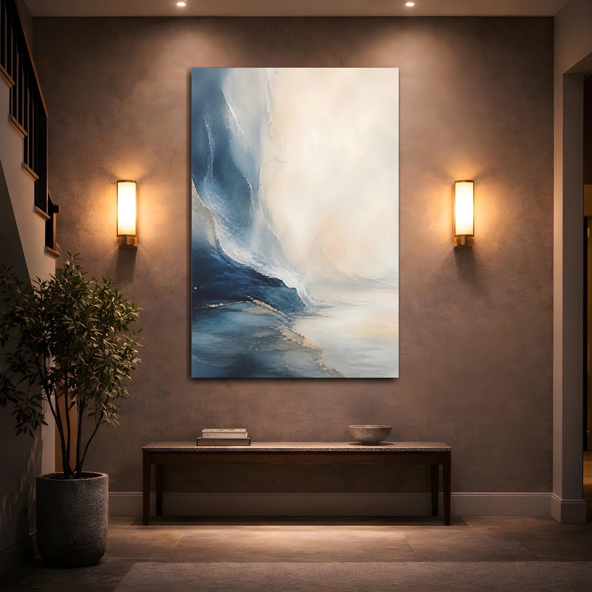 Mockup 2. Nature Ocean Waves Blue Gold Abstract shown as stretched canvas wall art