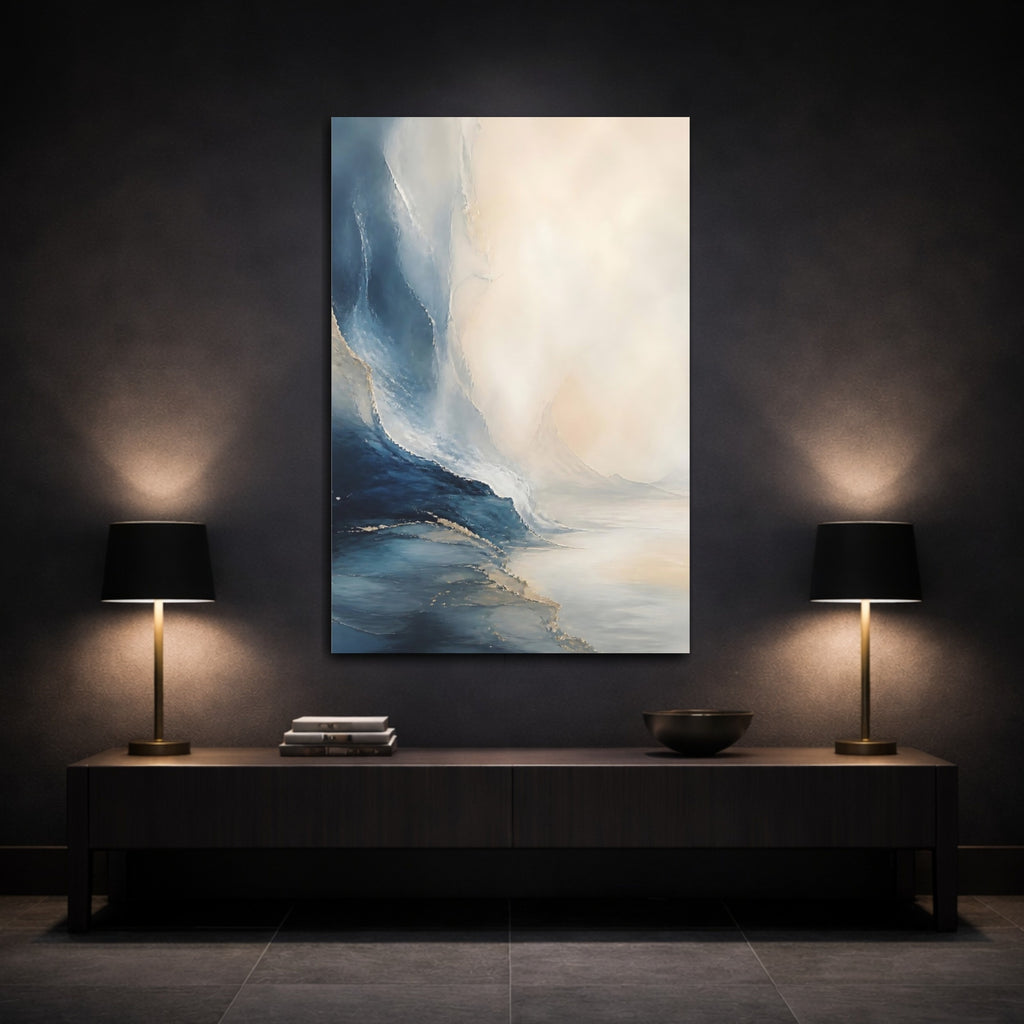 Mockup 3. Nature Ocean Waves Blue Gold Abstract shown as stretched canvas wall art