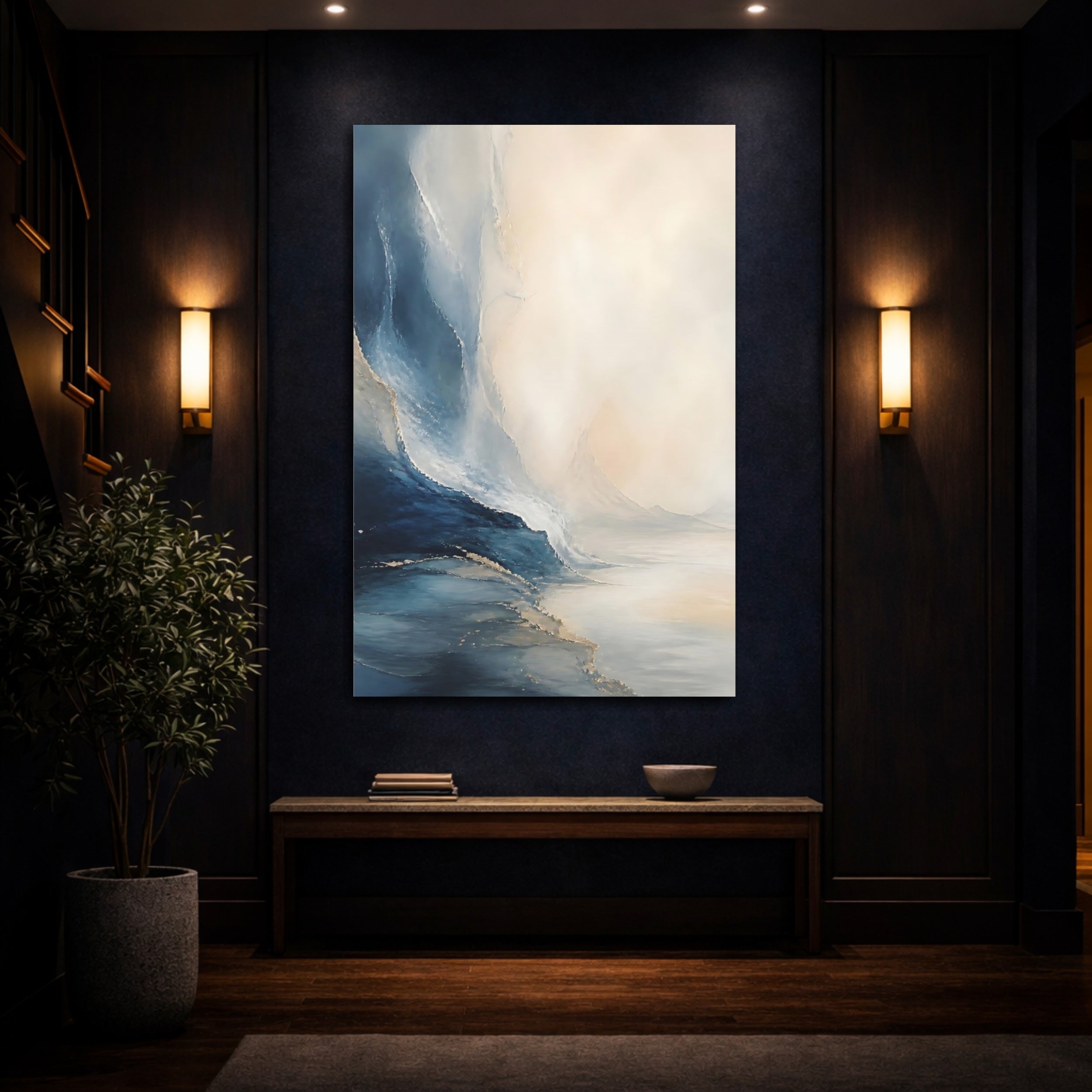 Mockup 4. Nature Ocean Waves Blue Gold Abstract shown as stretched canvas wall art