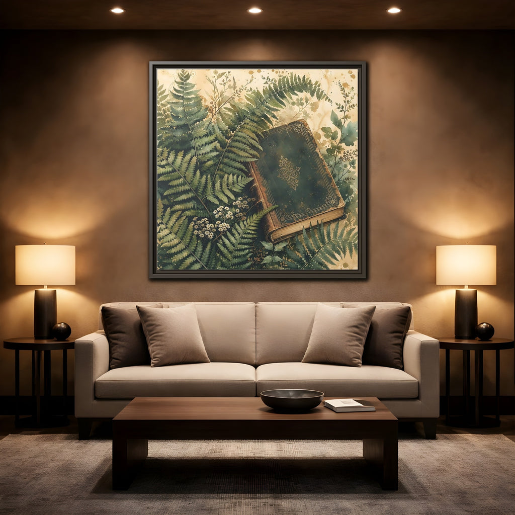 Mockup 2. Nature Old Book Green Book shown as stretched canvas wall art