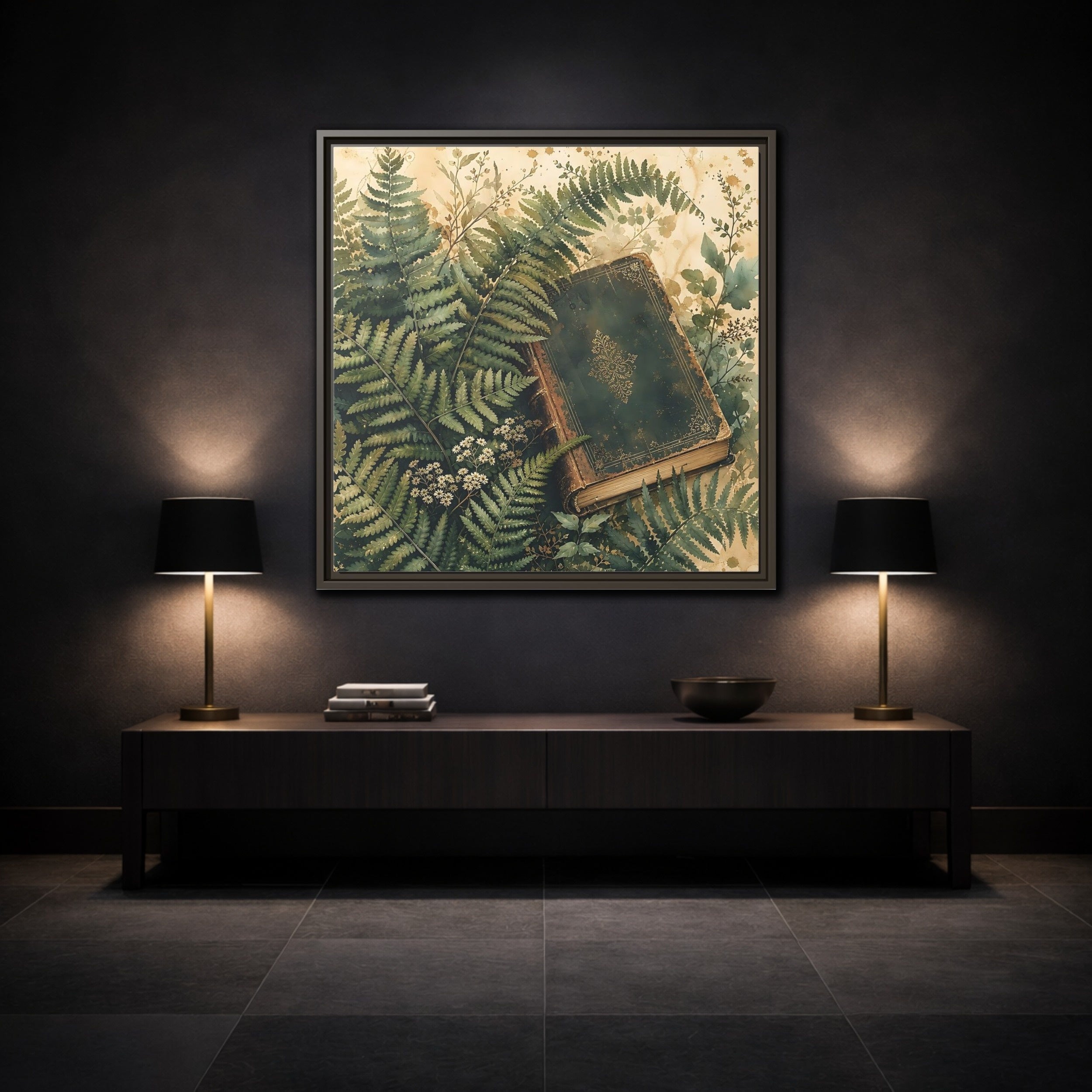 Mockup 3. Nature Old Book Green Book shown as stretched canvas wall art