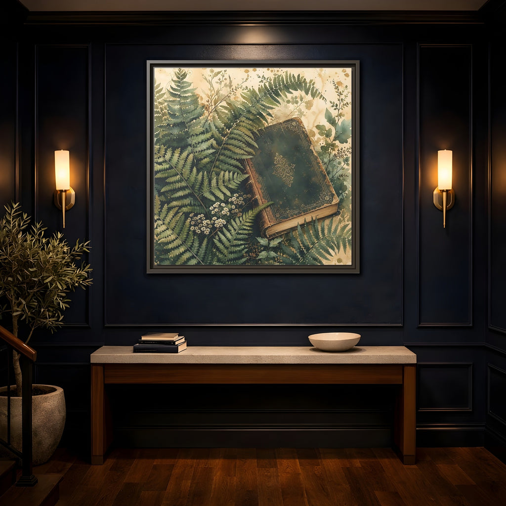 Mockup 4. Nature Old Book Green Book shown as stretched canvas wall art