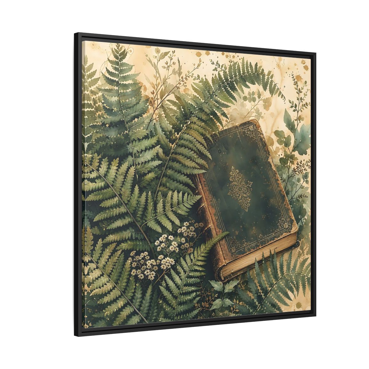Side Mockup 6. Nature Old Book Green Book shown as stretched canvas wall art