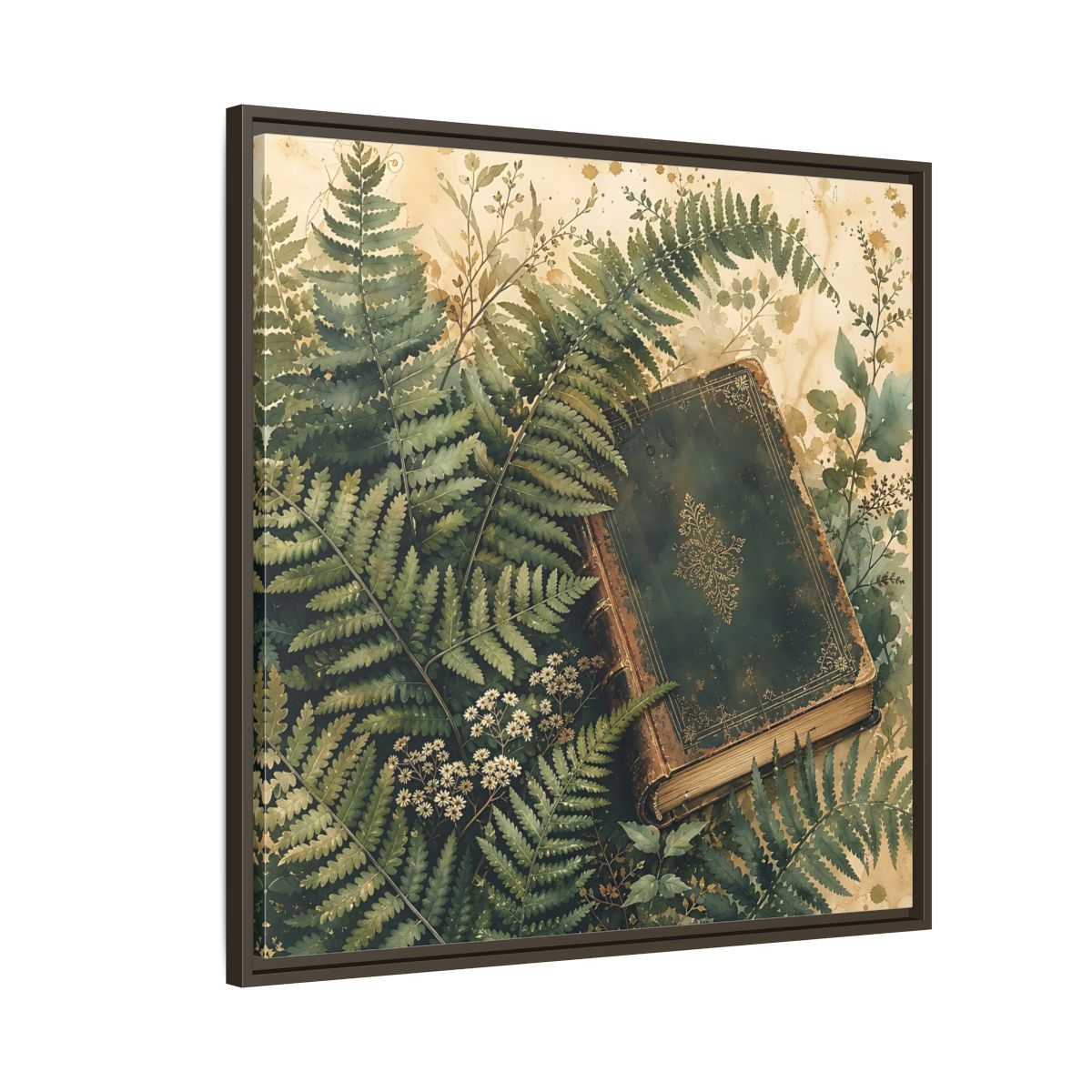 Side Mockup 8. Nature Old Book Green Book shown as stretched canvas wall art