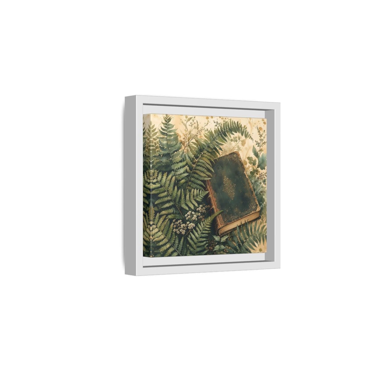 Side Mockup 1. Nature Old Book Green Book shown as stretched canvas wall art
