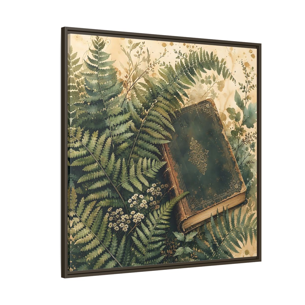 Side Mockup 5. Nature Old Book Green Book shown as stretched canvas wall art