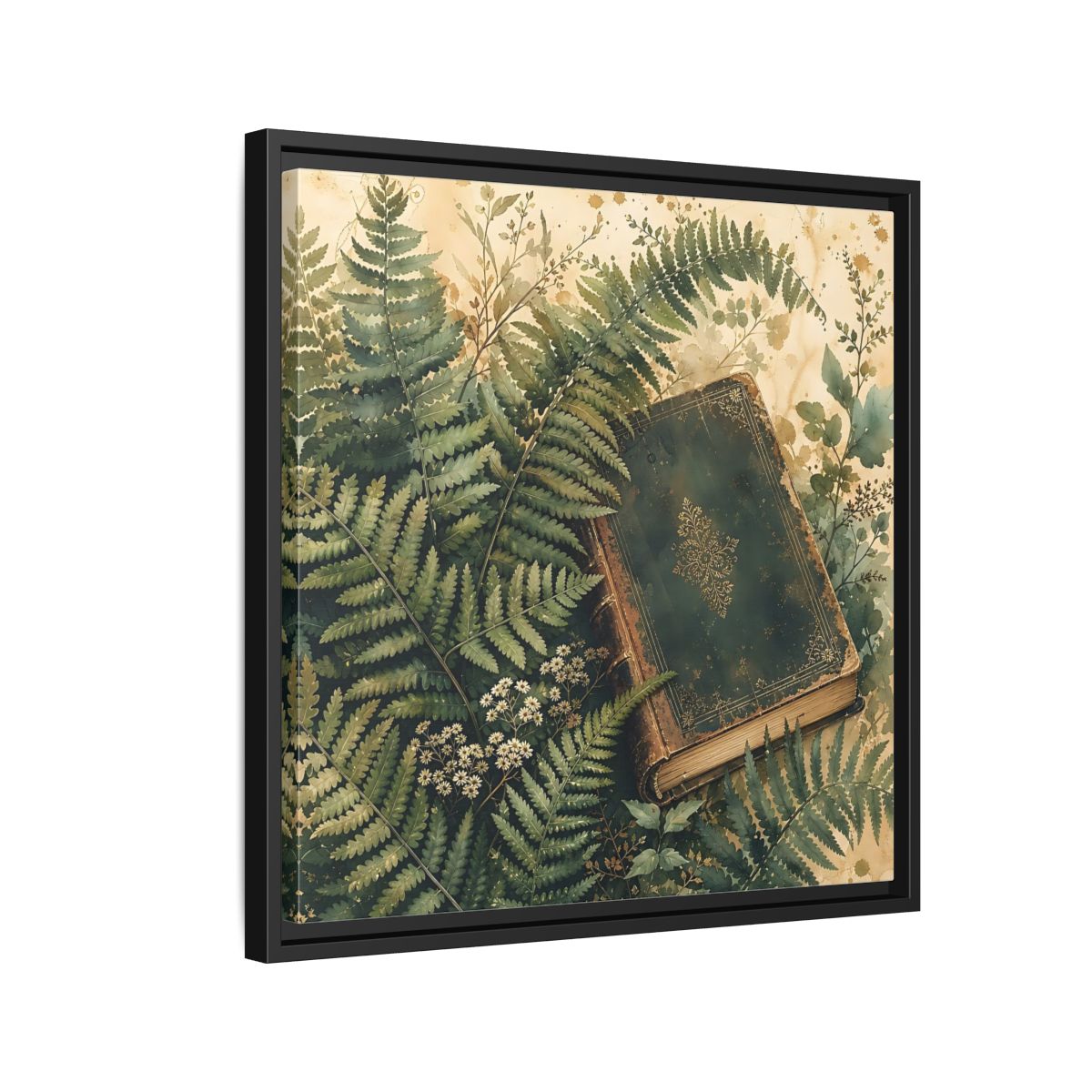 Side Mockup 12. Nature Old Book Green Book shown as stretched canvas wall art