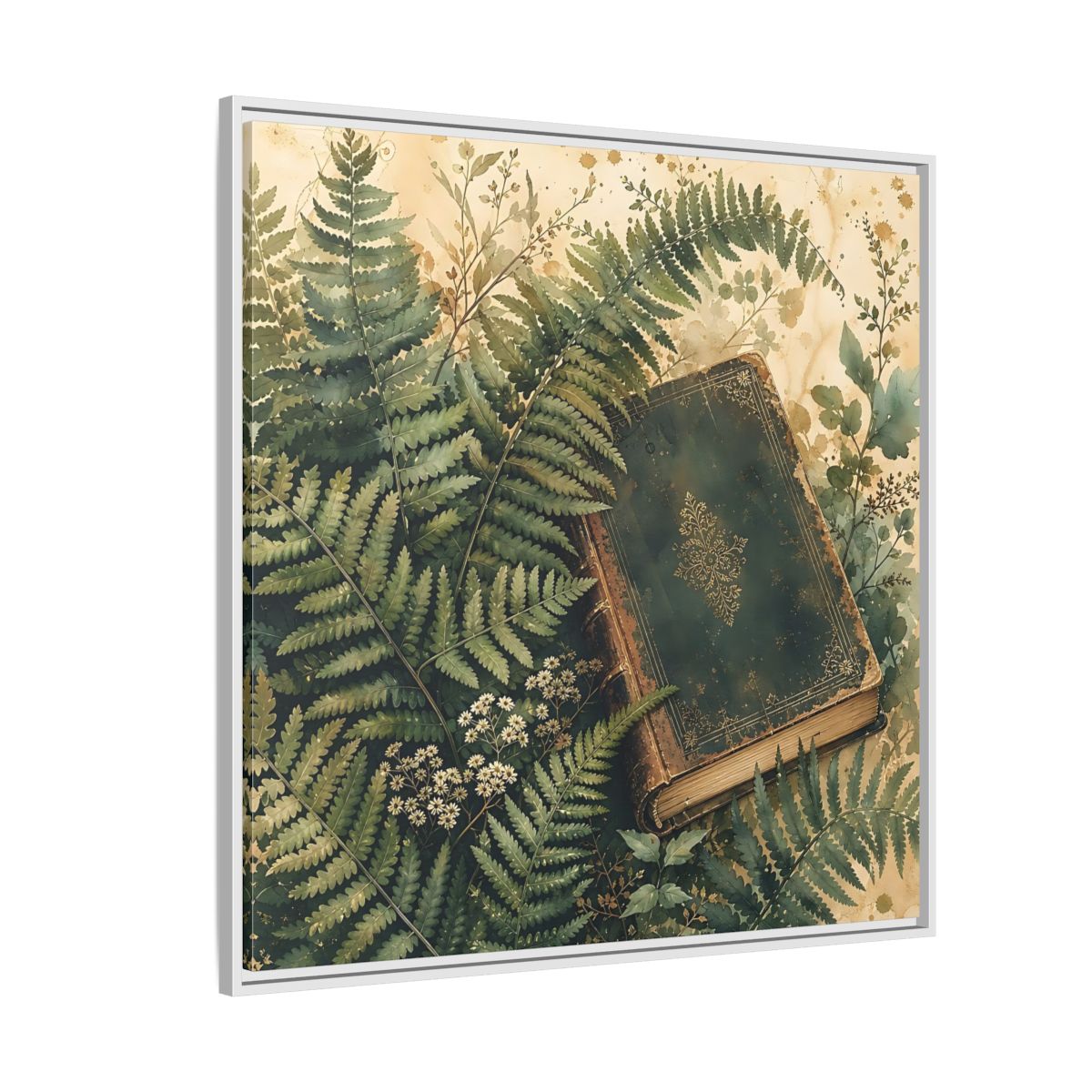 Side Mockup 4. Nature Old Book Green Book shown as stretched canvas wall art