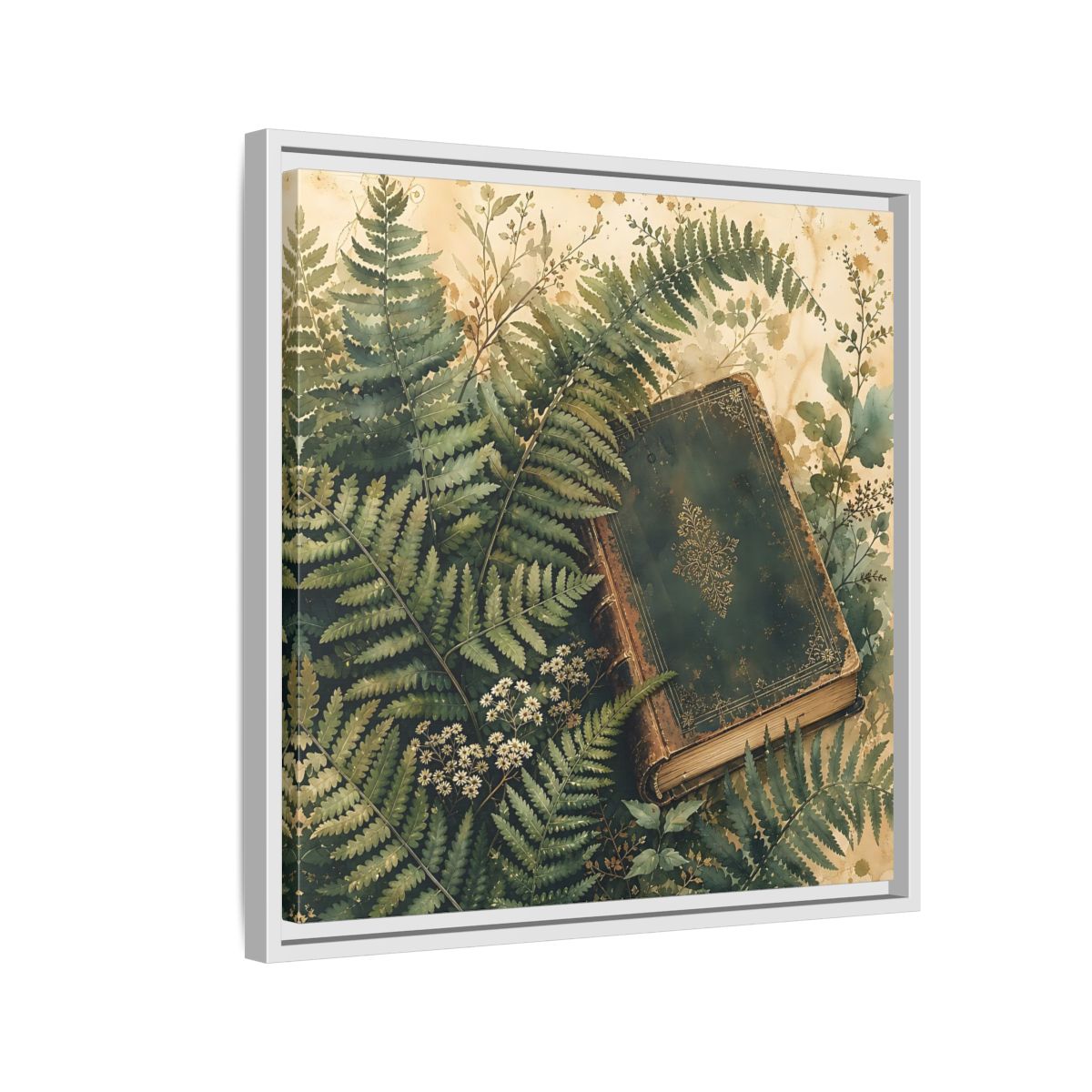 Side Mockup 10. Nature Old Book Green Book shown as stretched canvas wall art