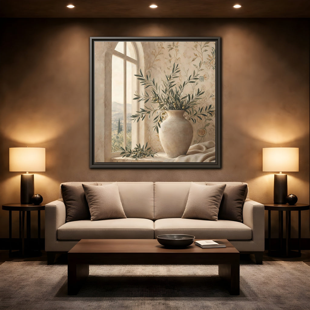 Mockup 2. Nature Olive Branch Olive Branch Decor shown as stretched canvas wall art