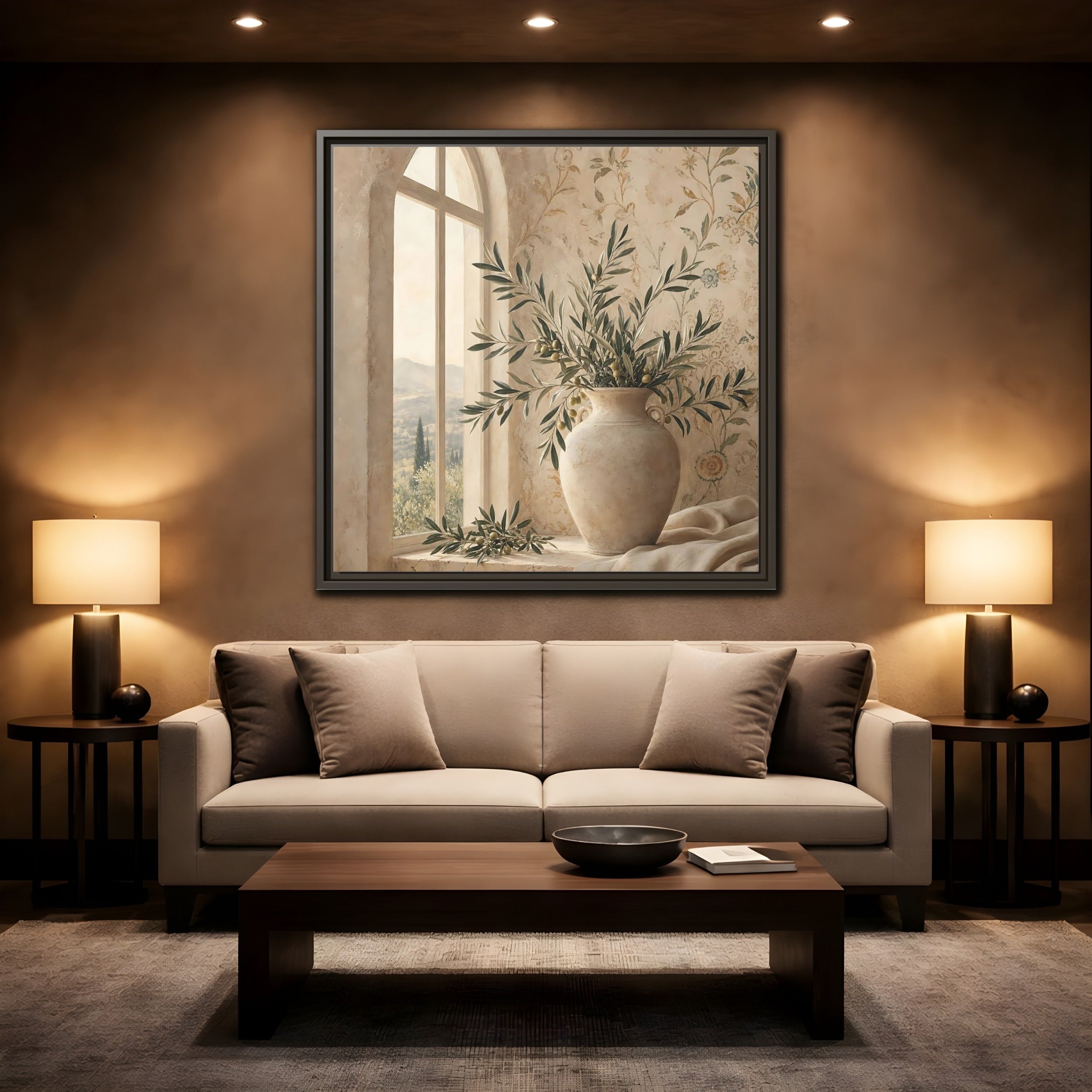 Mockup 2. Nature Olive Branch Olive Branch Decor shown as stretched canvas wall art