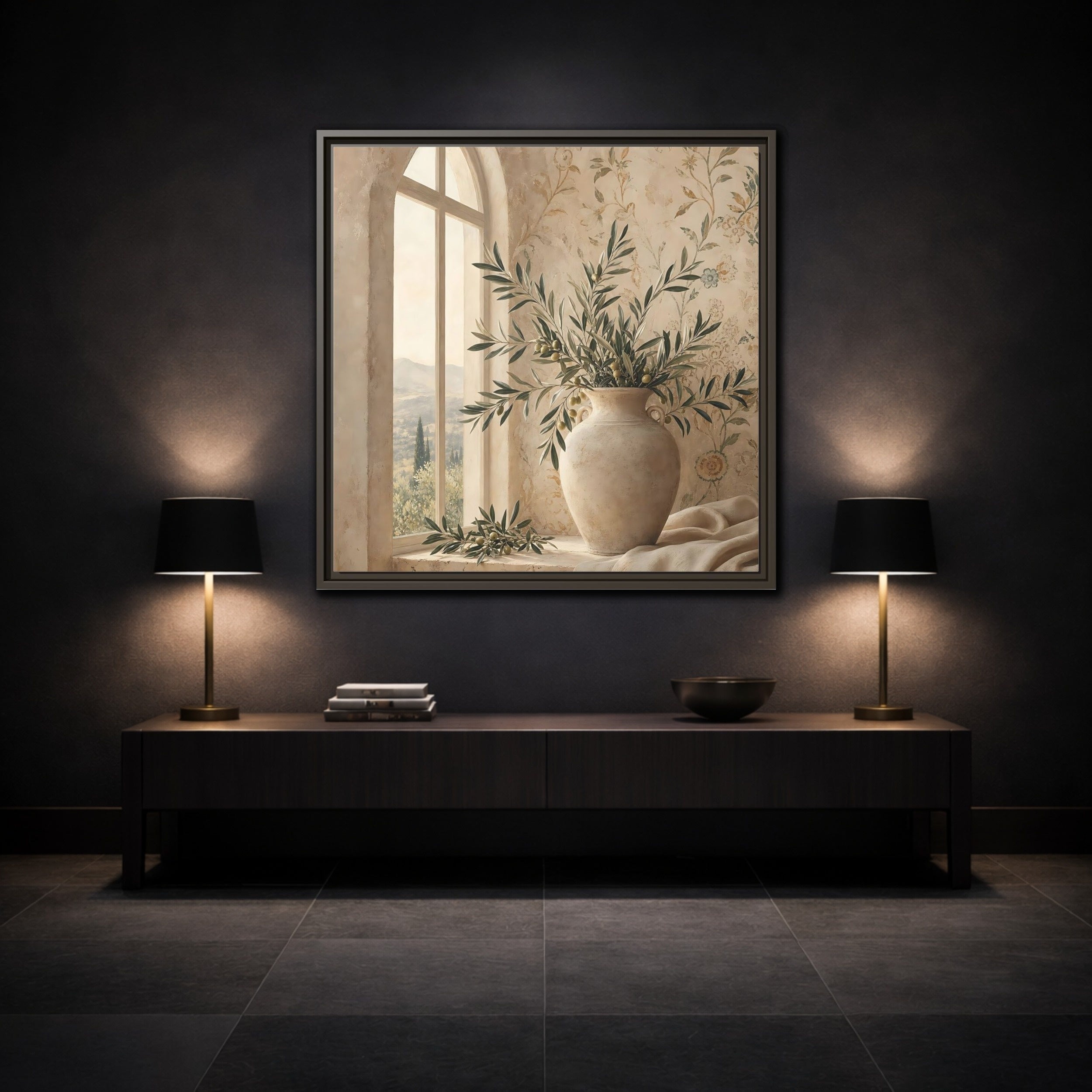 Mockup 3. Nature Olive Branch Olive Branch Decor shown as stretched canvas wall art