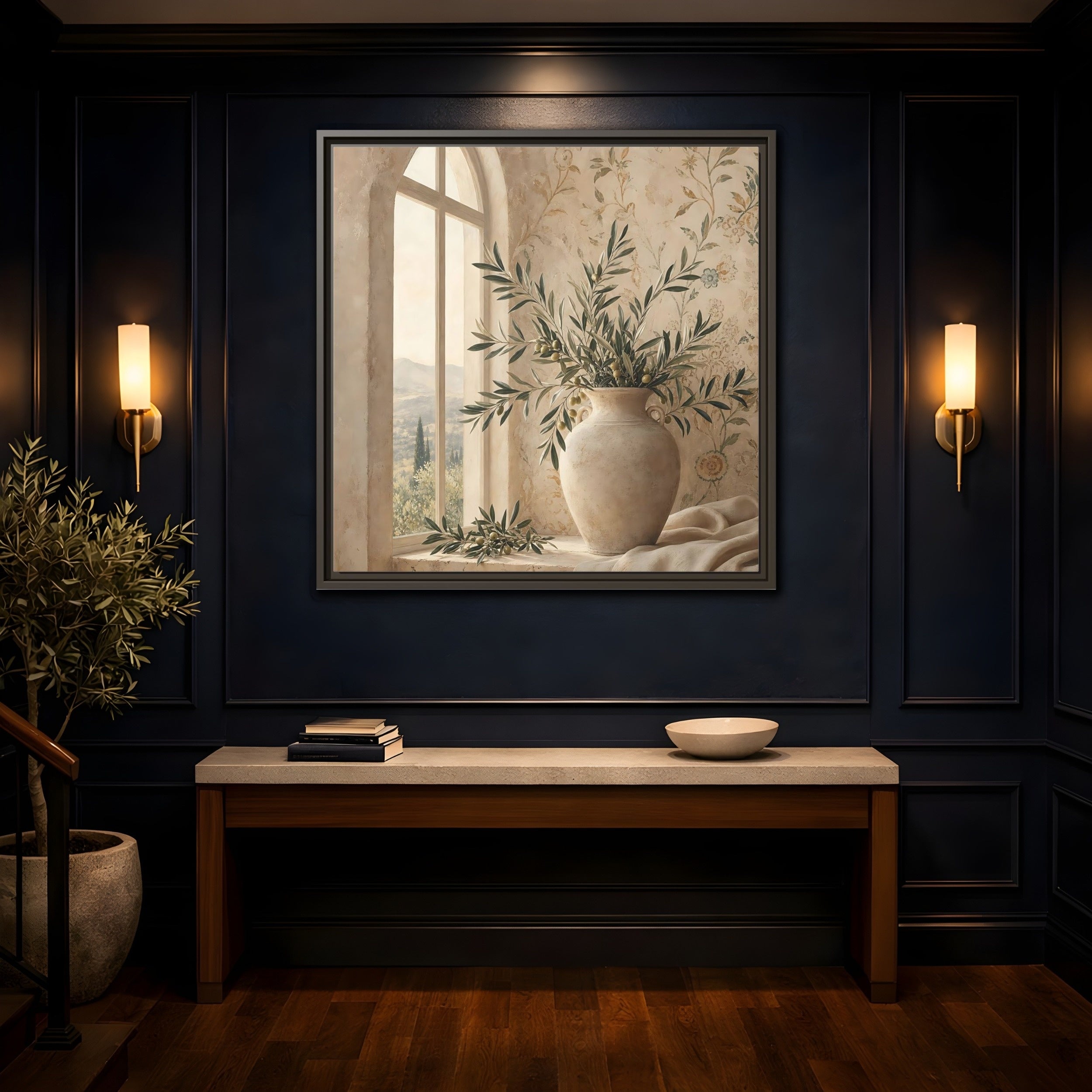 Mockup 4. Nature Olive Branch Olive Branch Decor shown as stretched canvas wall art