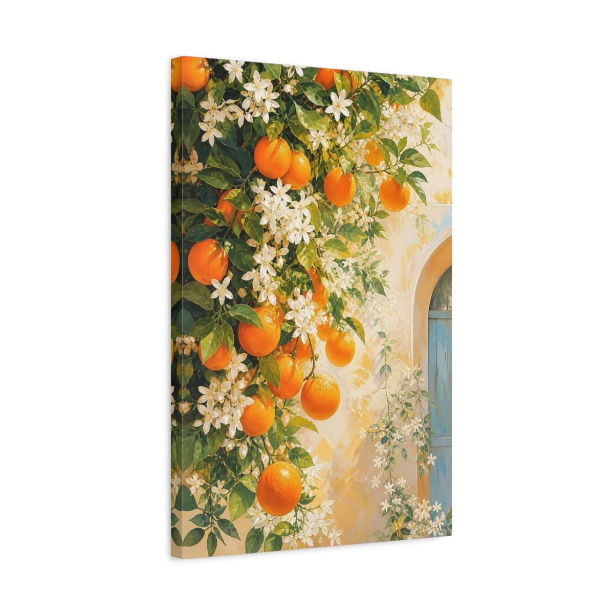 Side Mockup 3. Nature Oranges Orange And White Floral shown as stretched canvas wall art