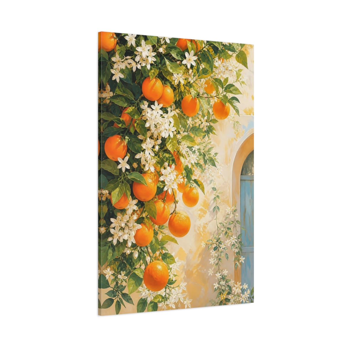 Side Mockup 1. Nature Oranges Orange And White Floral shown as stretched canvas wall art
