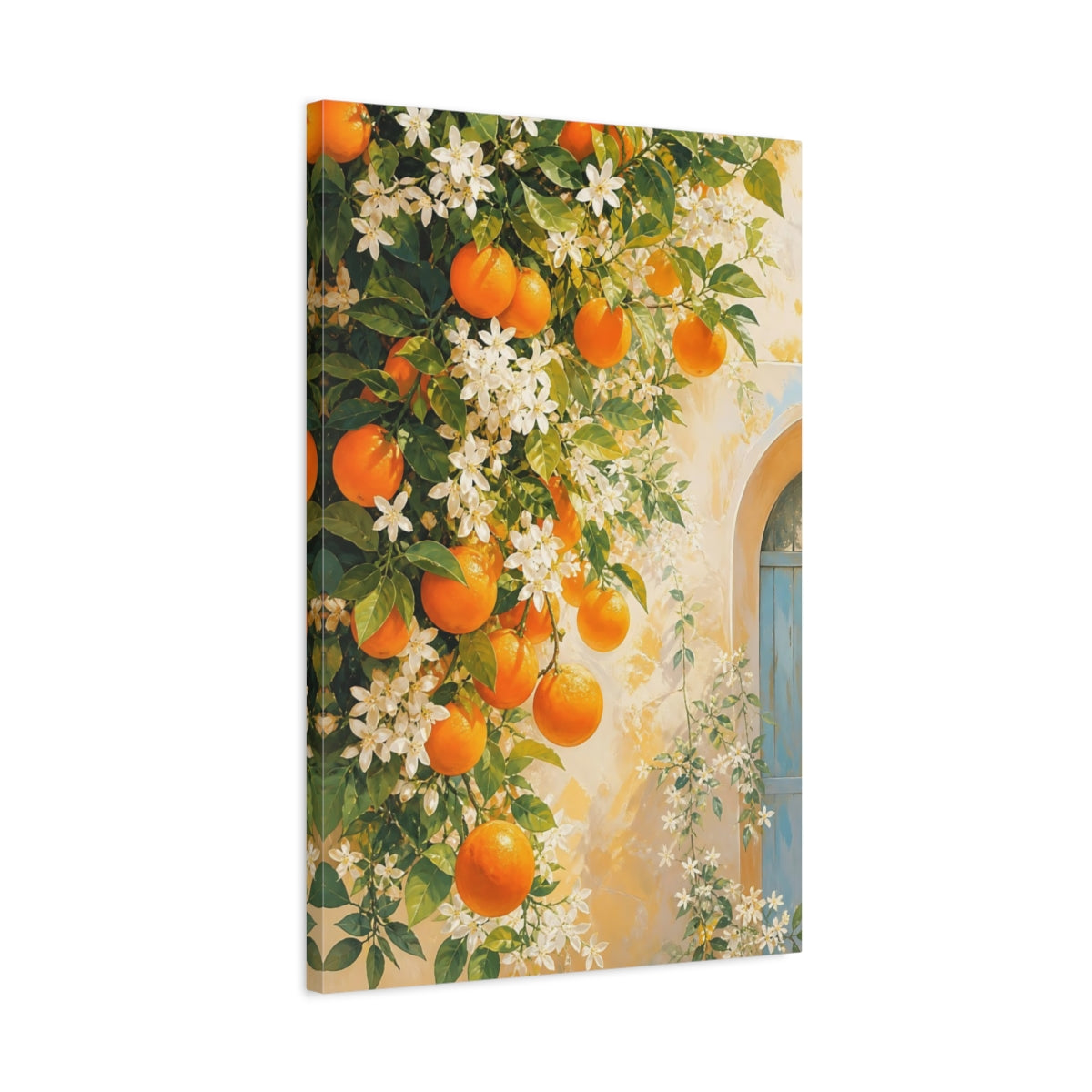 Side Mockup 2. Nature Oranges Orange And White Floral shown as stretched canvas wall art