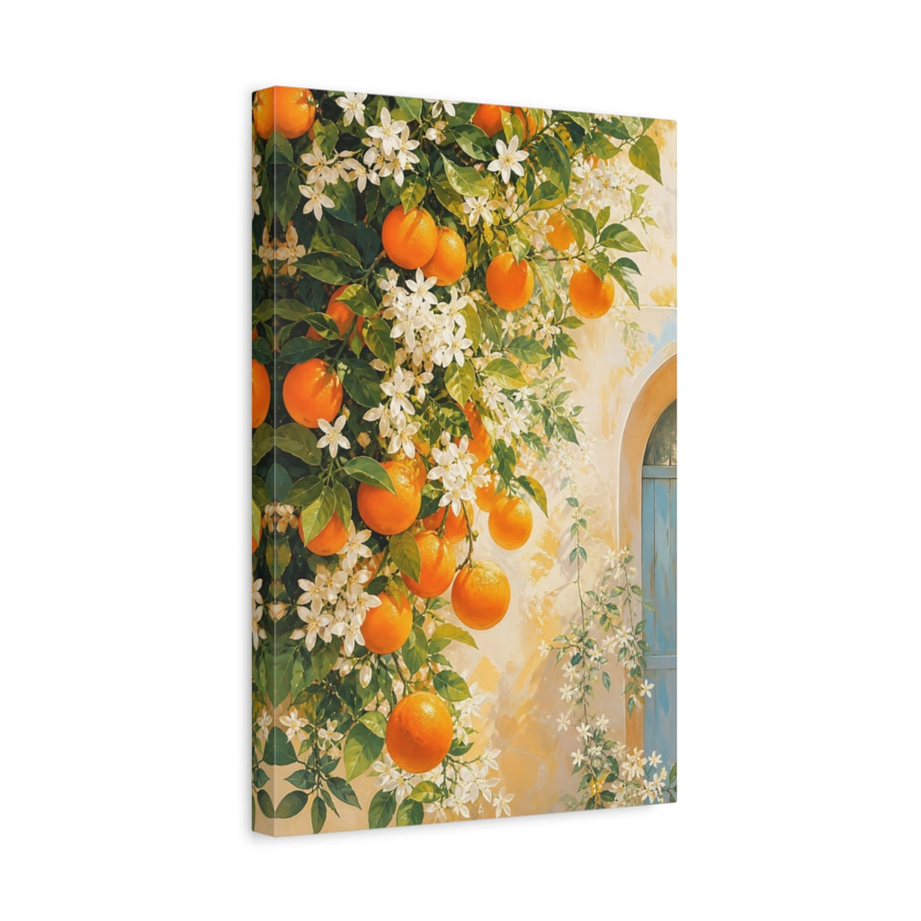Side Mockup 4. Nature Oranges Orange And White Floral shown as stretched canvas wall art