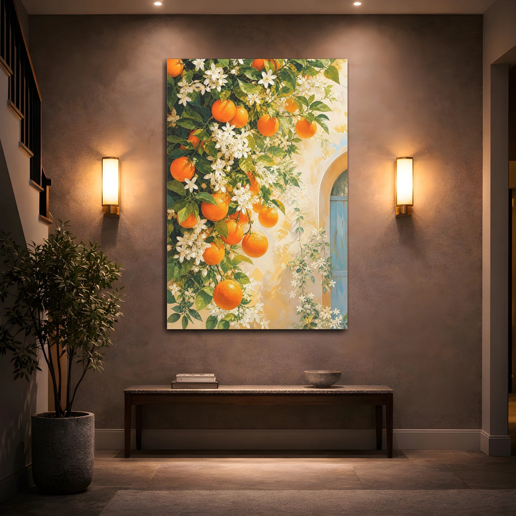 Mockup 2. Nature Oranges Orange And White Floral shown as stretched canvas wall art