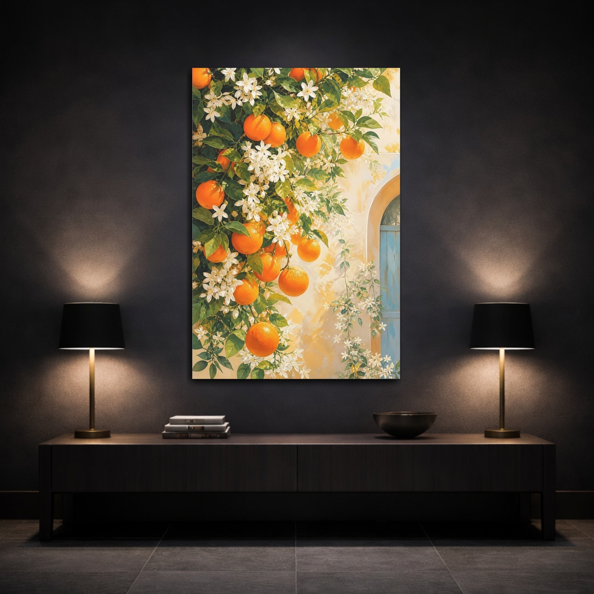 Mockup 3. Nature Oranges Orange And White Floral shown as stretched canvas wall art
