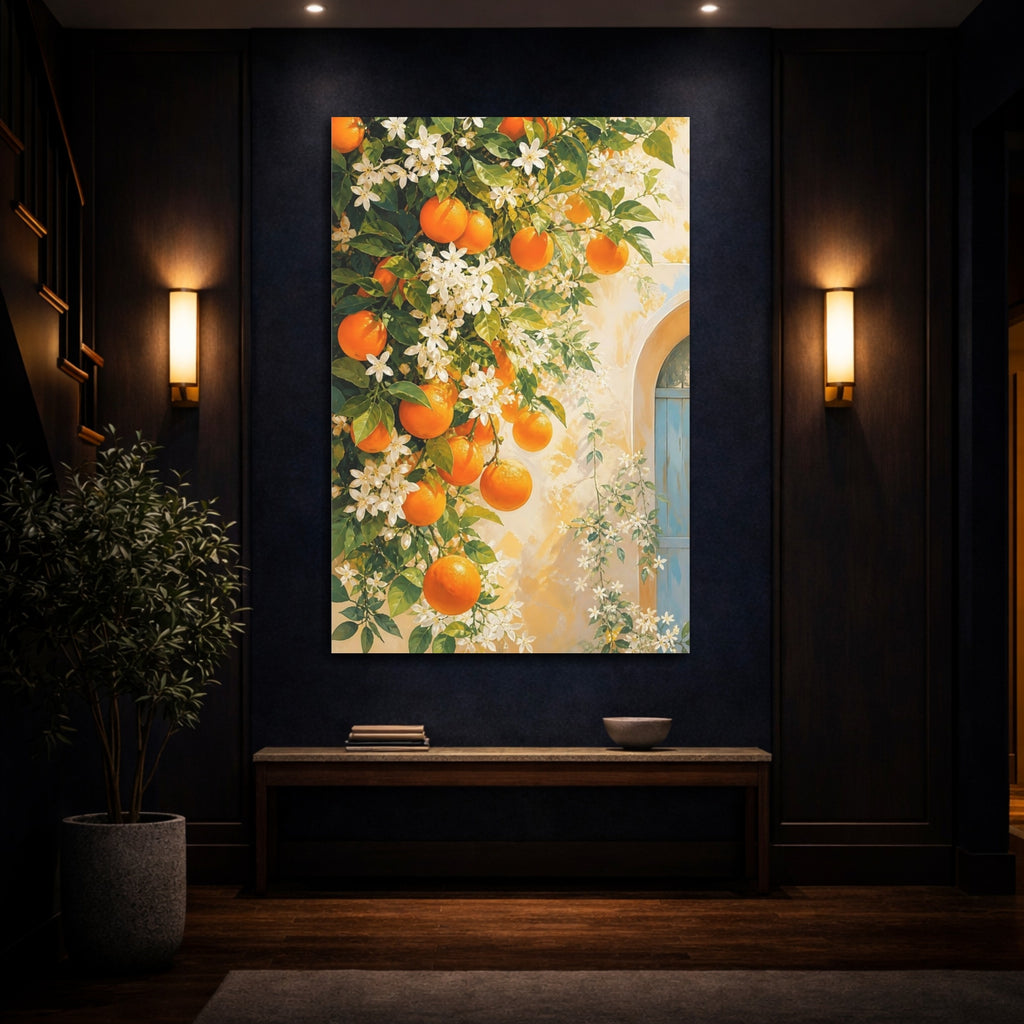Mockup 4. Nature Oranges Orange And White Floral shown as stretched canvas wall art