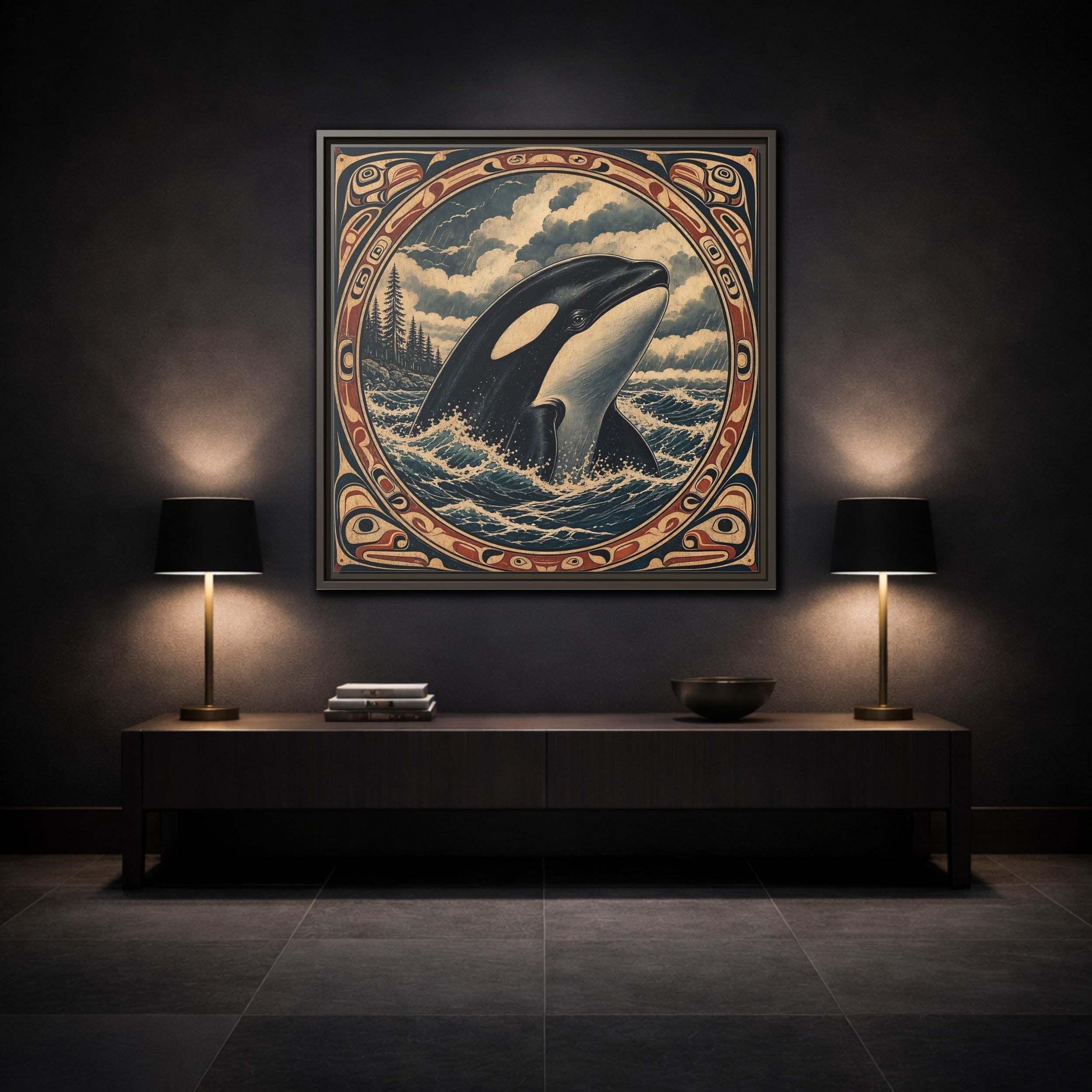 Mockup 3. Nature Orca Orca Ocean Art shown as stretched canvas wall art