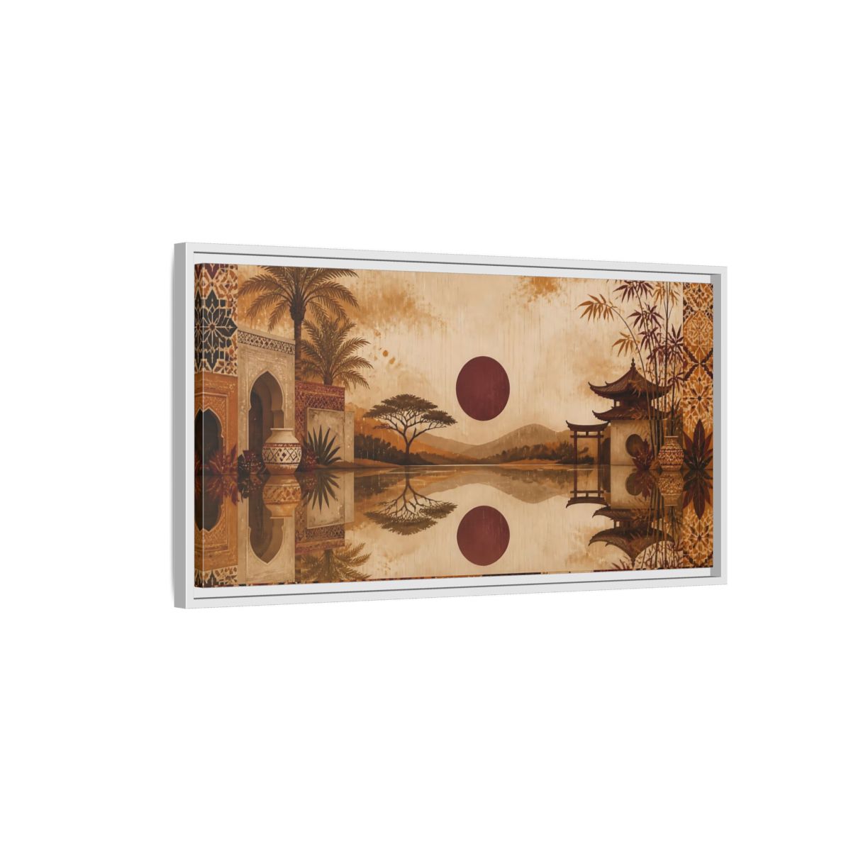 Side Mockup 1. Nature Oriental Landscape Brown Orange Landscape shown as stretched canvas wall art