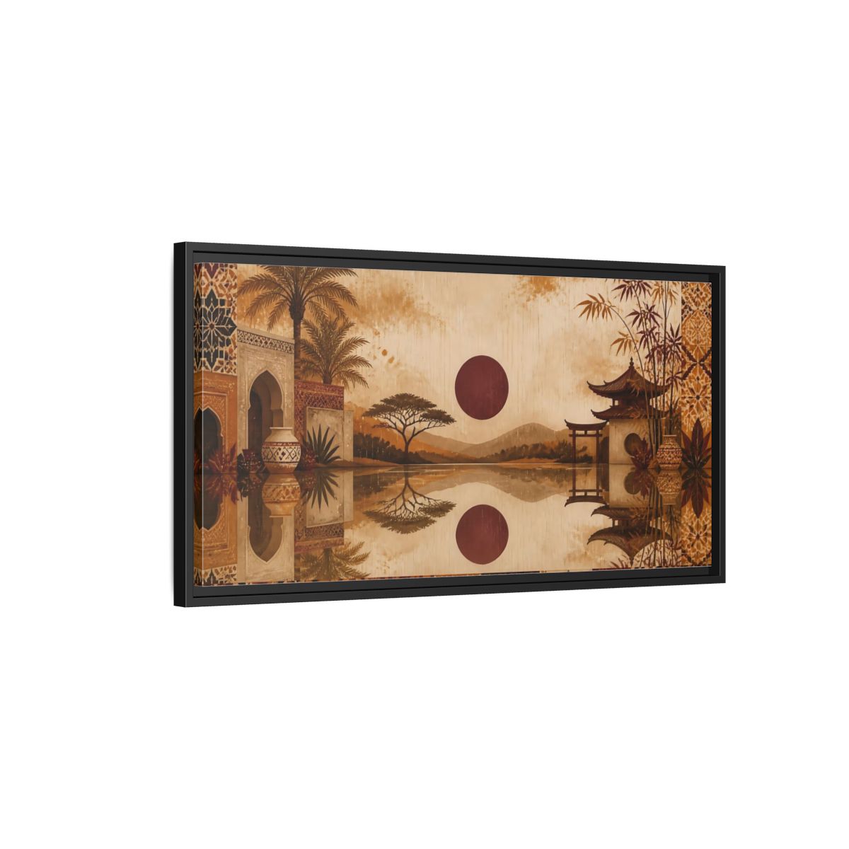 Side Mockup 2. Nature Oriental Landscape Brown Orange Landscape shown as stretched canvas wall art