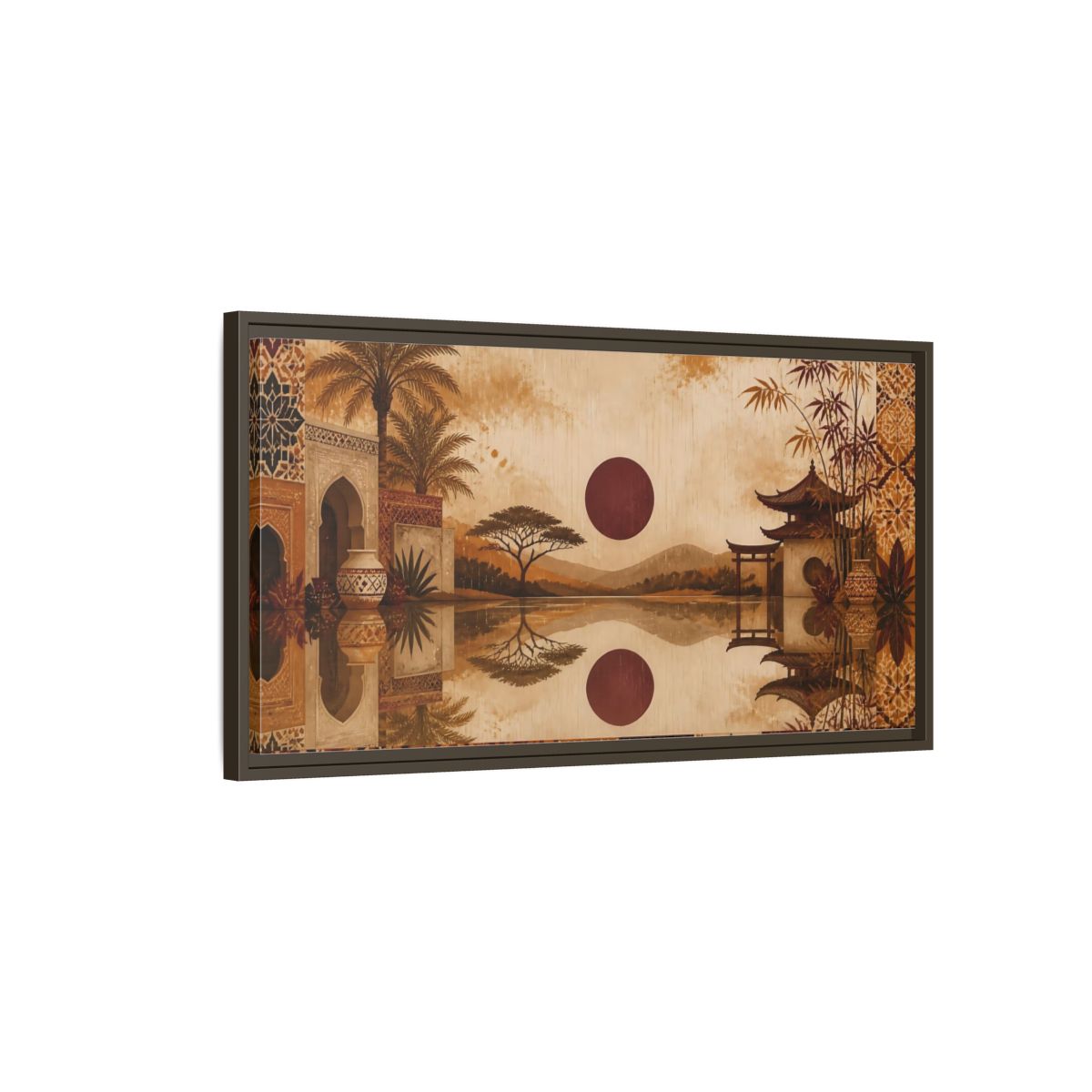 Main Mockup. Nature Oriental Landscape Brown Orange Landscape shown as stretched canvas wall art