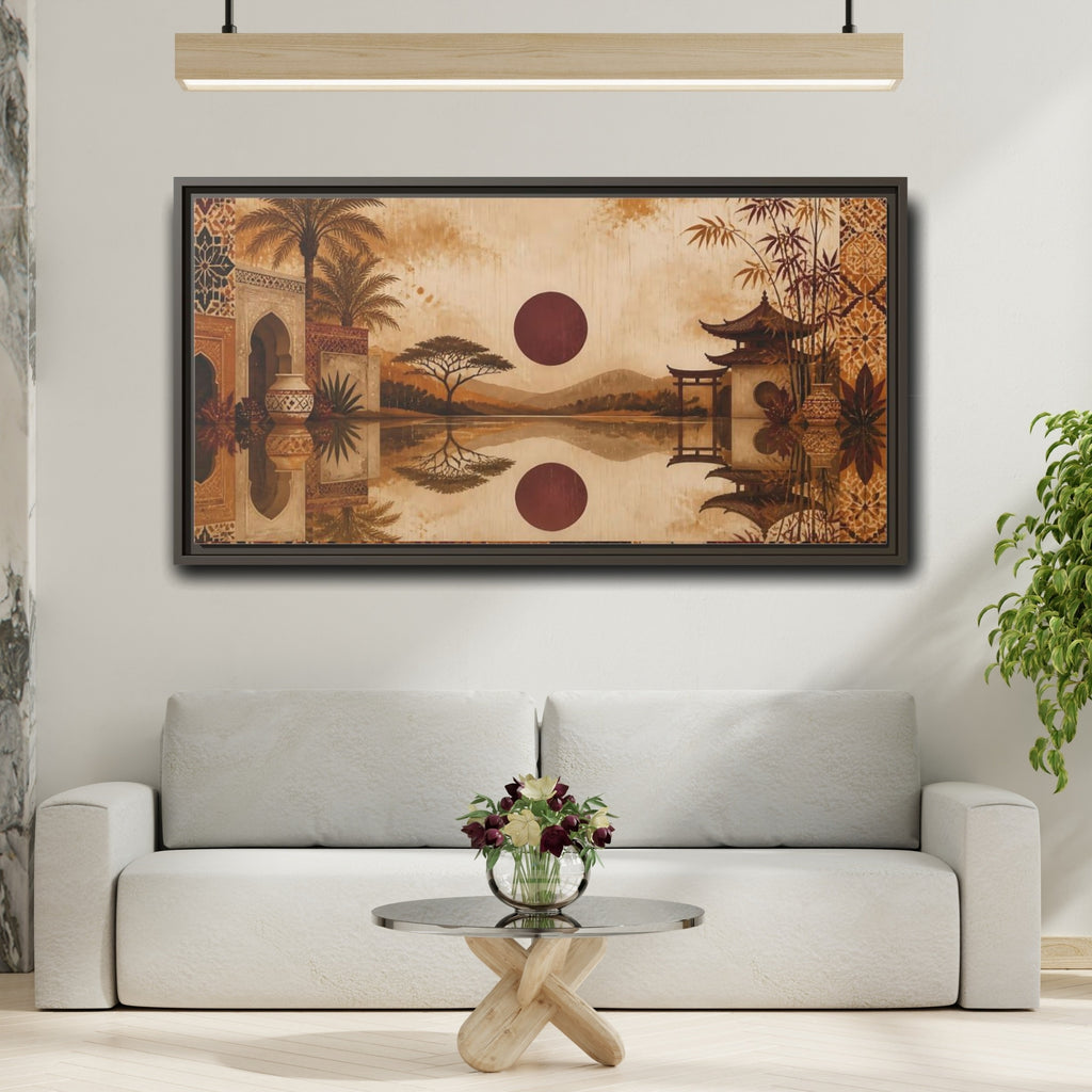 Mockup 2. Nature Oriental Landscape Brown Orange Landscape shown as stretched canvas wall art