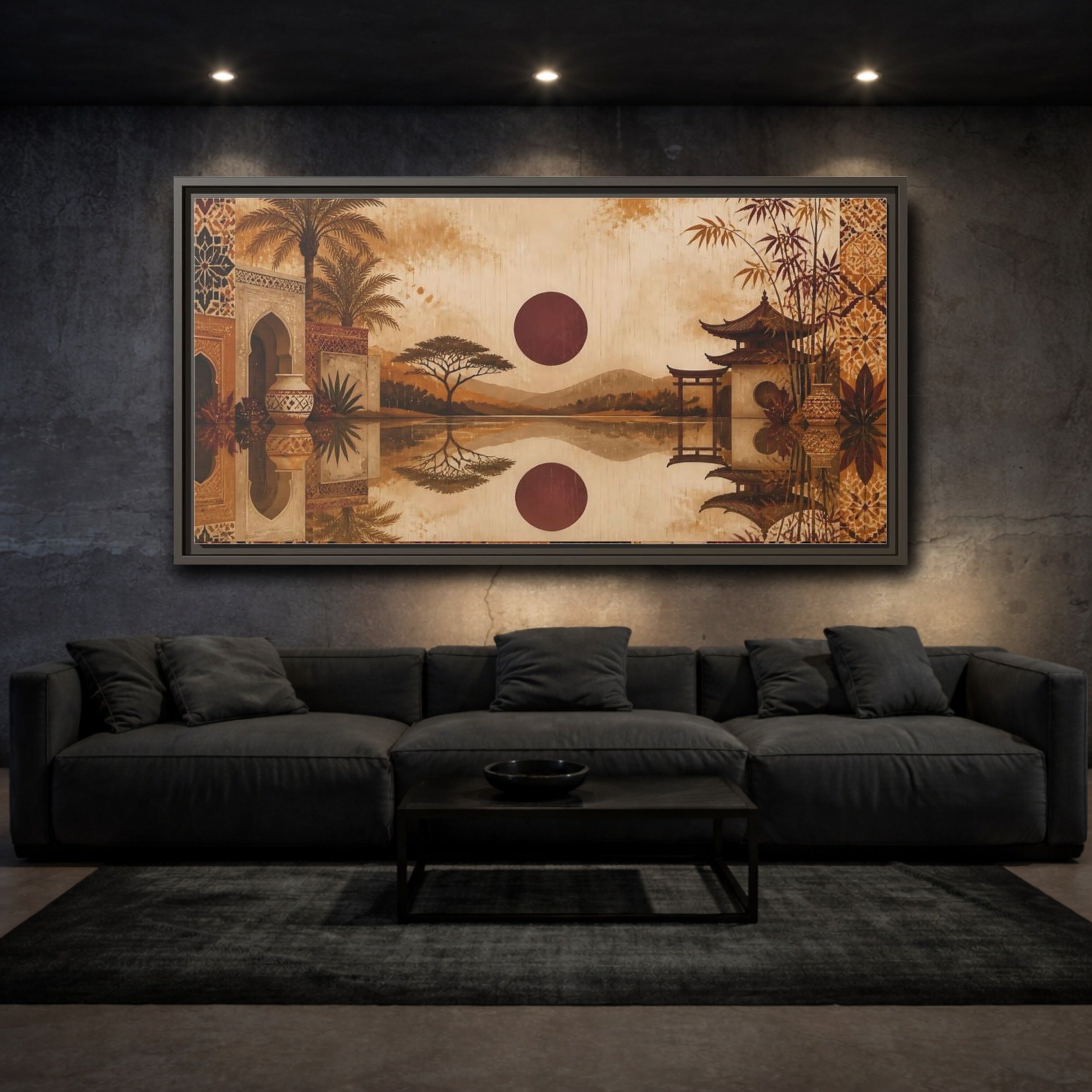 Mockup 3. Nature Oriental Landscape Brown Orange Landscape shown as stretched canvas wall art