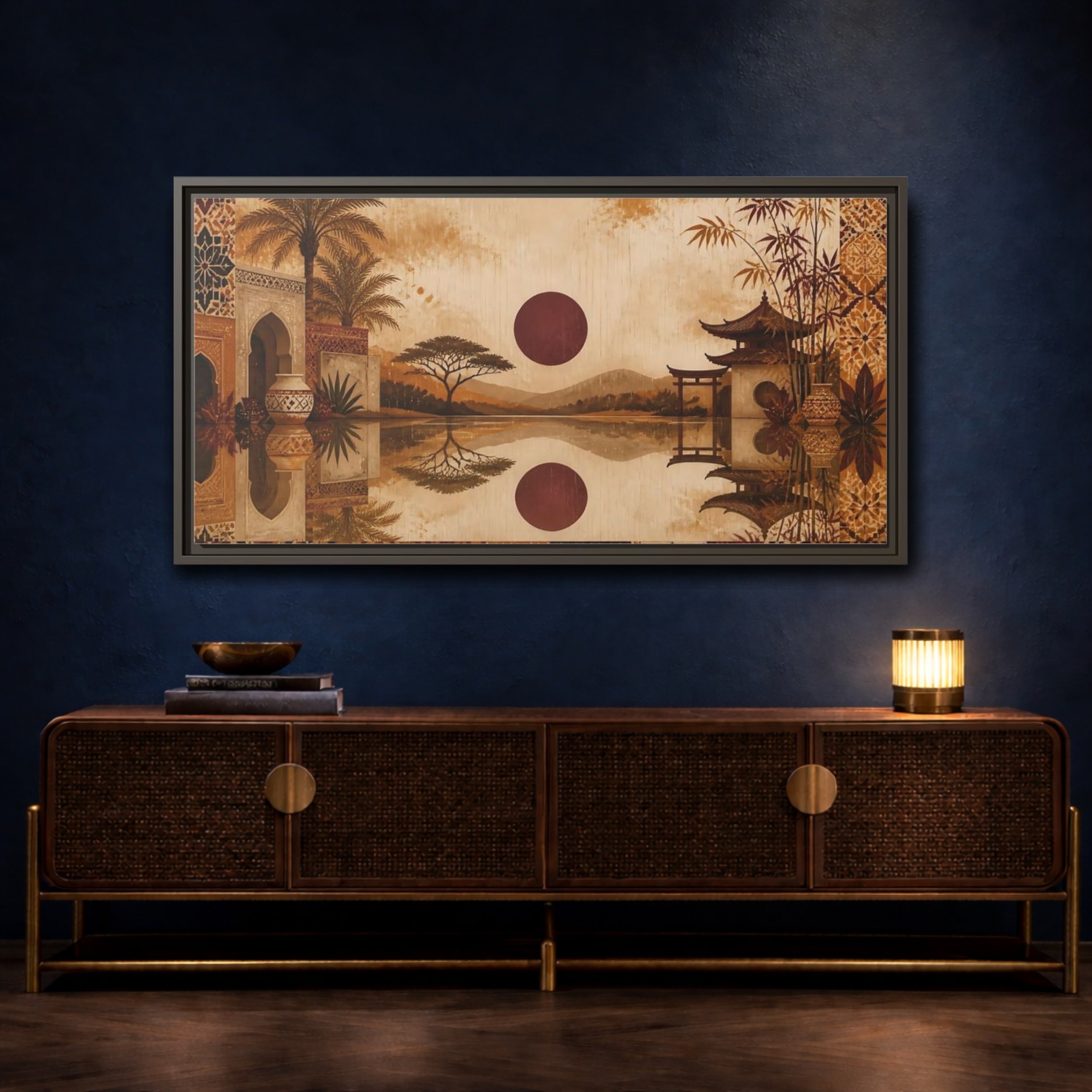 Mockup 4. Nature Oriental Landscape Brown Orange Landscape shown as stretched canvas wall art