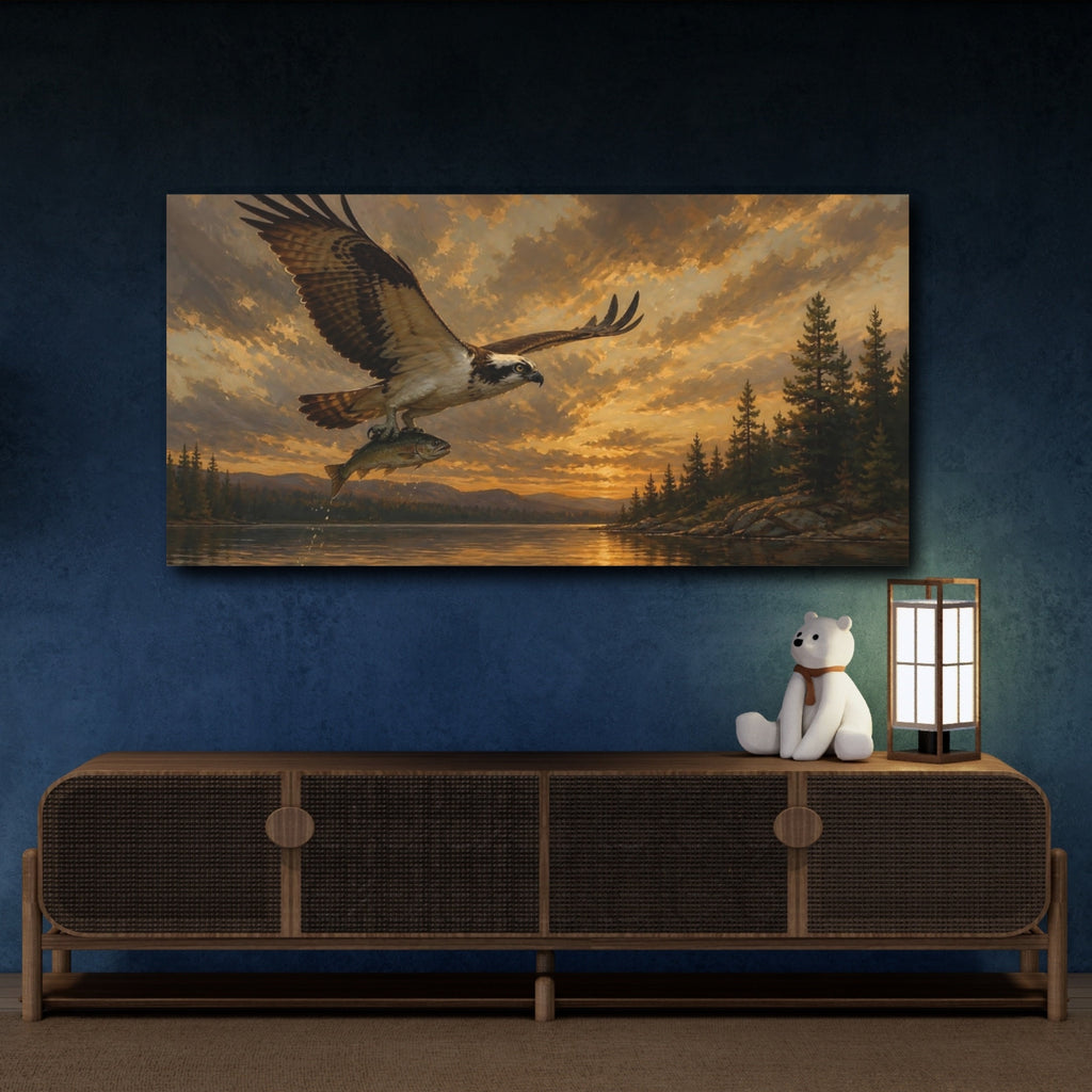 Mockup 4. Nature Osprey Osprey Sunset shown as stretched canvas wall art
