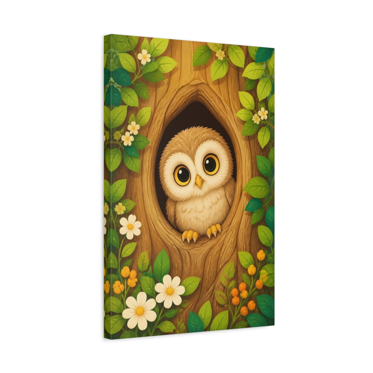 Side Mockup 3. Nature Owl Cute Owl Forest shown as stretched canvas wall art