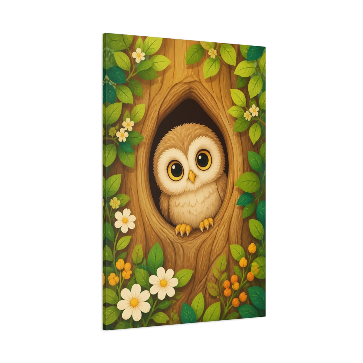 Side Mockup 1. Nature Owl Cute Owl Forest shown as stretched canvas wall art