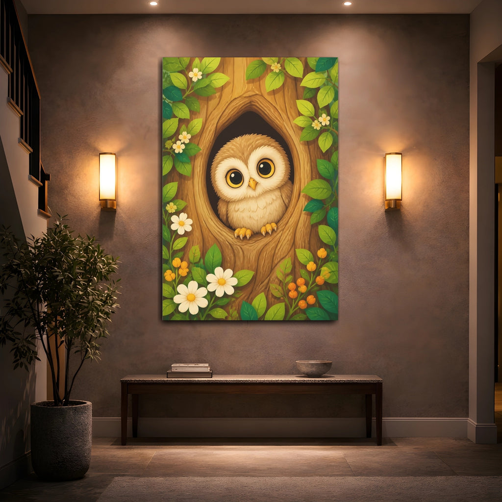Mockup 2. Nature Owl Cute Owl Forest shown as stretched canvas wall art