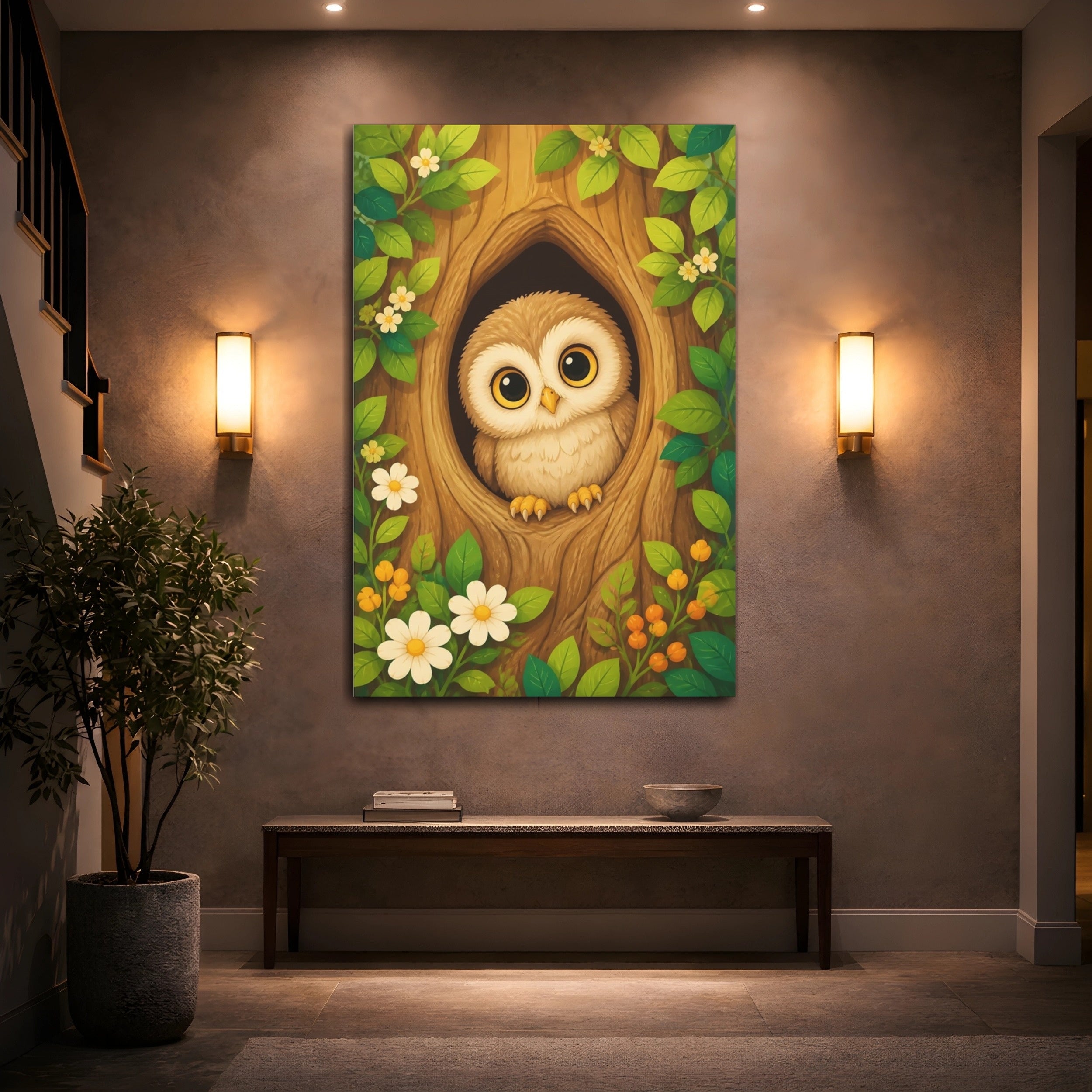 Mockup 2. Nature Owl Cute Owl Forest shown as stretched canvas wall art