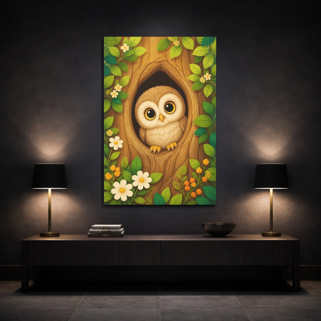 Mockup 3. Nature Owl Cute Owl Forest shown as stretched canvas wall art
