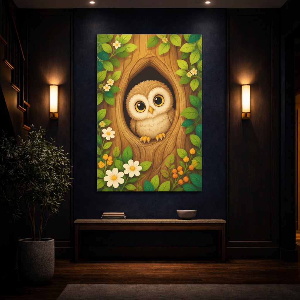 Mockup 4. Nature Owl Cute Owl Forest shown as stretched canvas wall art