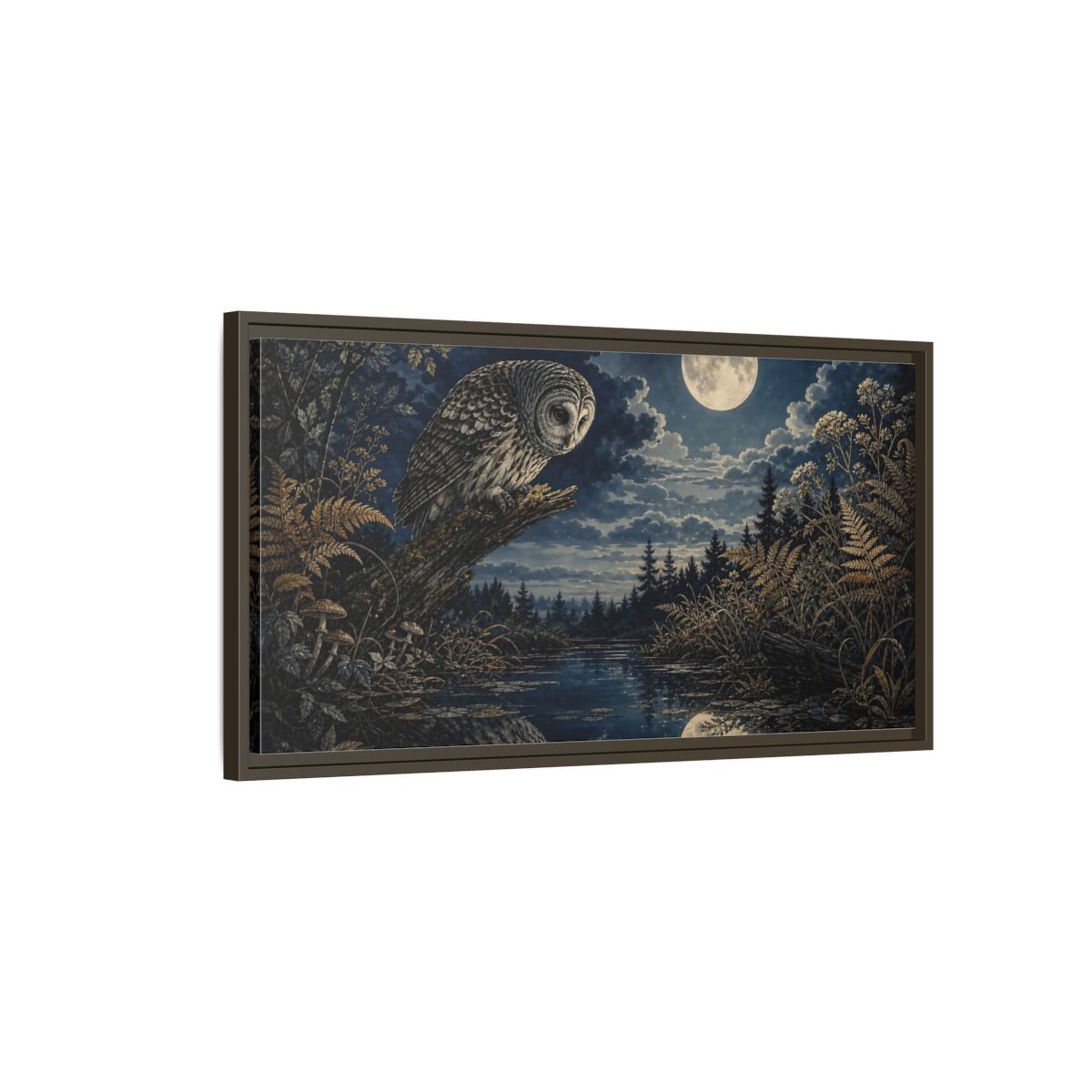 Main Mockup. Nature Owl Dark Blue Gold shown as stretched canvas wall art