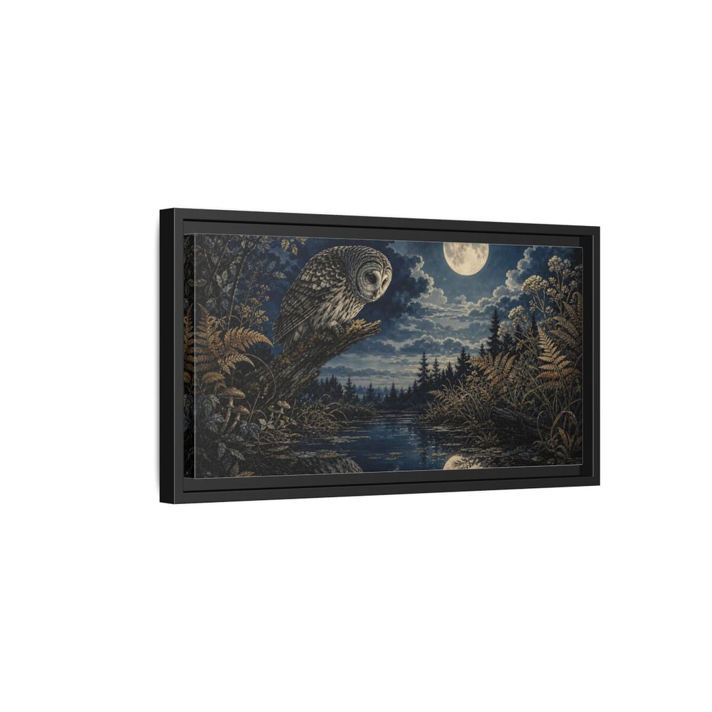Side Mockup 8. Nature Owl Dark Blue Gold shown as stretched canvas wall art