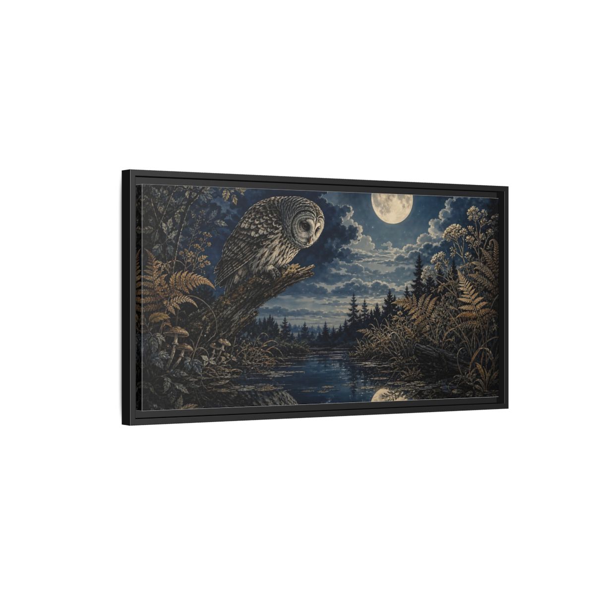Side Mockup 2. Nature Owl Dark Blue Gold shown as stretched canvas wall art