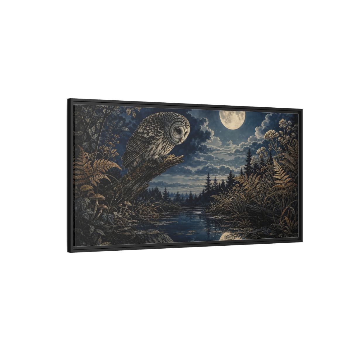 Side Mockup 5. Nature Owl Dark Blue Gold shown as stretched canvas wall art
